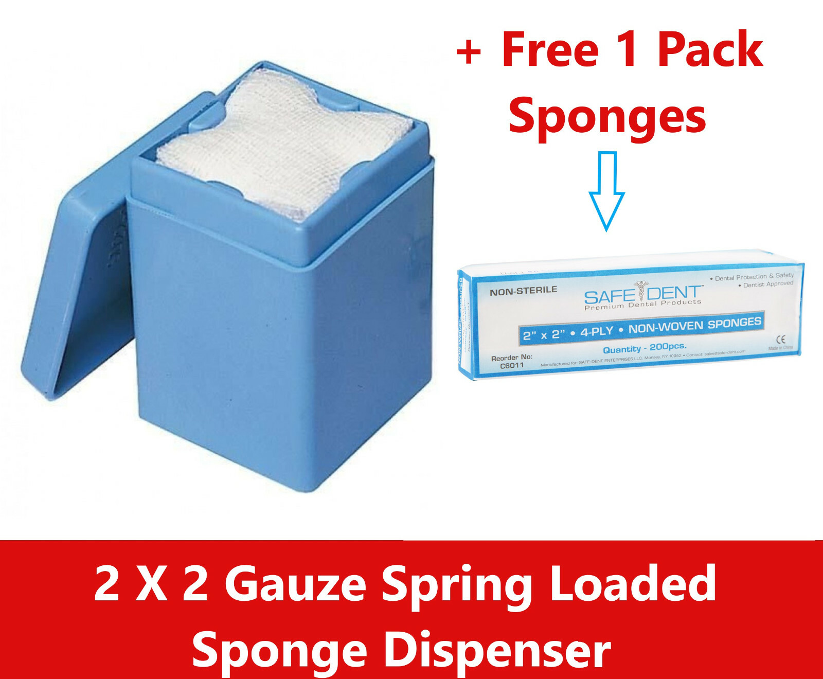 Dental/Medical Sponge Dispenser with Cover, Blue, (2 x 2) + Free 200 Gauze 2 x 2