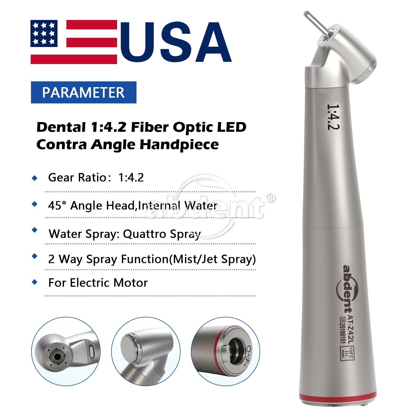 AbDent Dental 45° Contra Angle LED Optic 1:4.2 Handpiece Quattro Spray AT