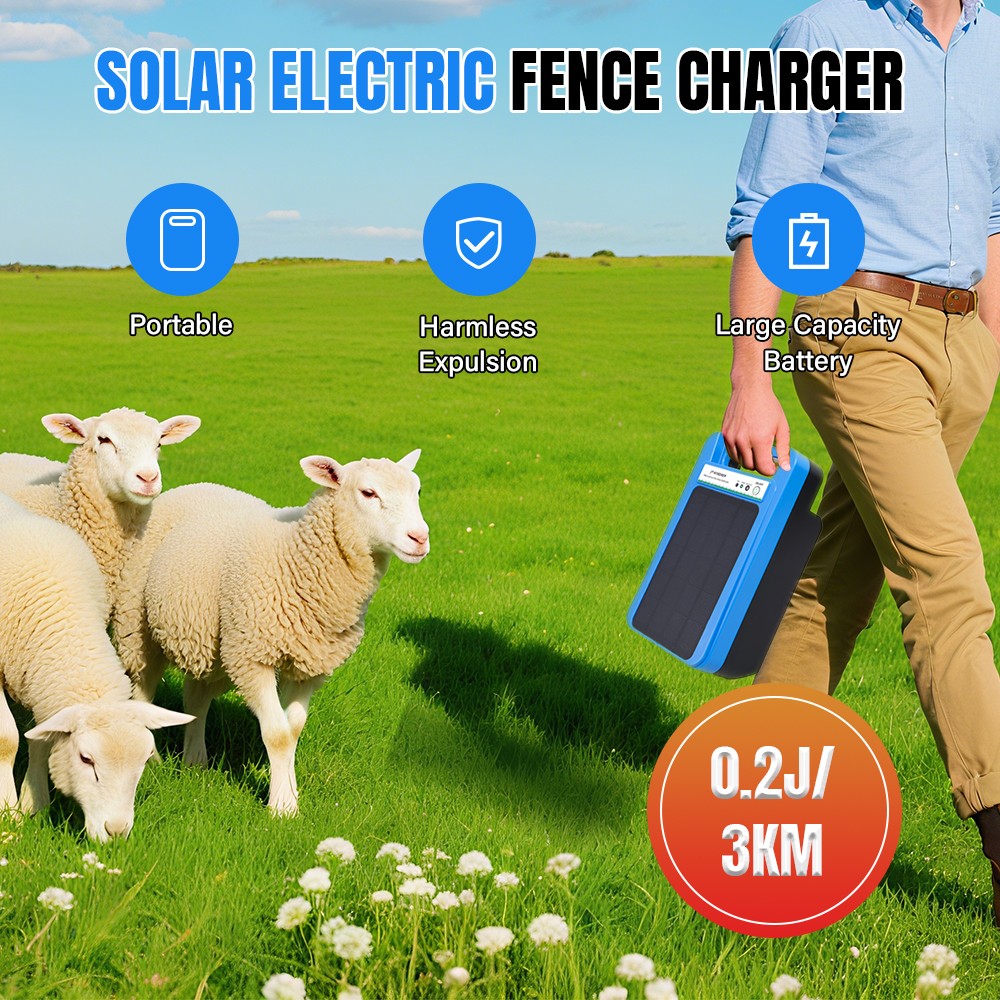 ATMOREA 0.2J Solar Power Fence Charger 3W 8KV Electric Fence Energizer 2-3 Miles