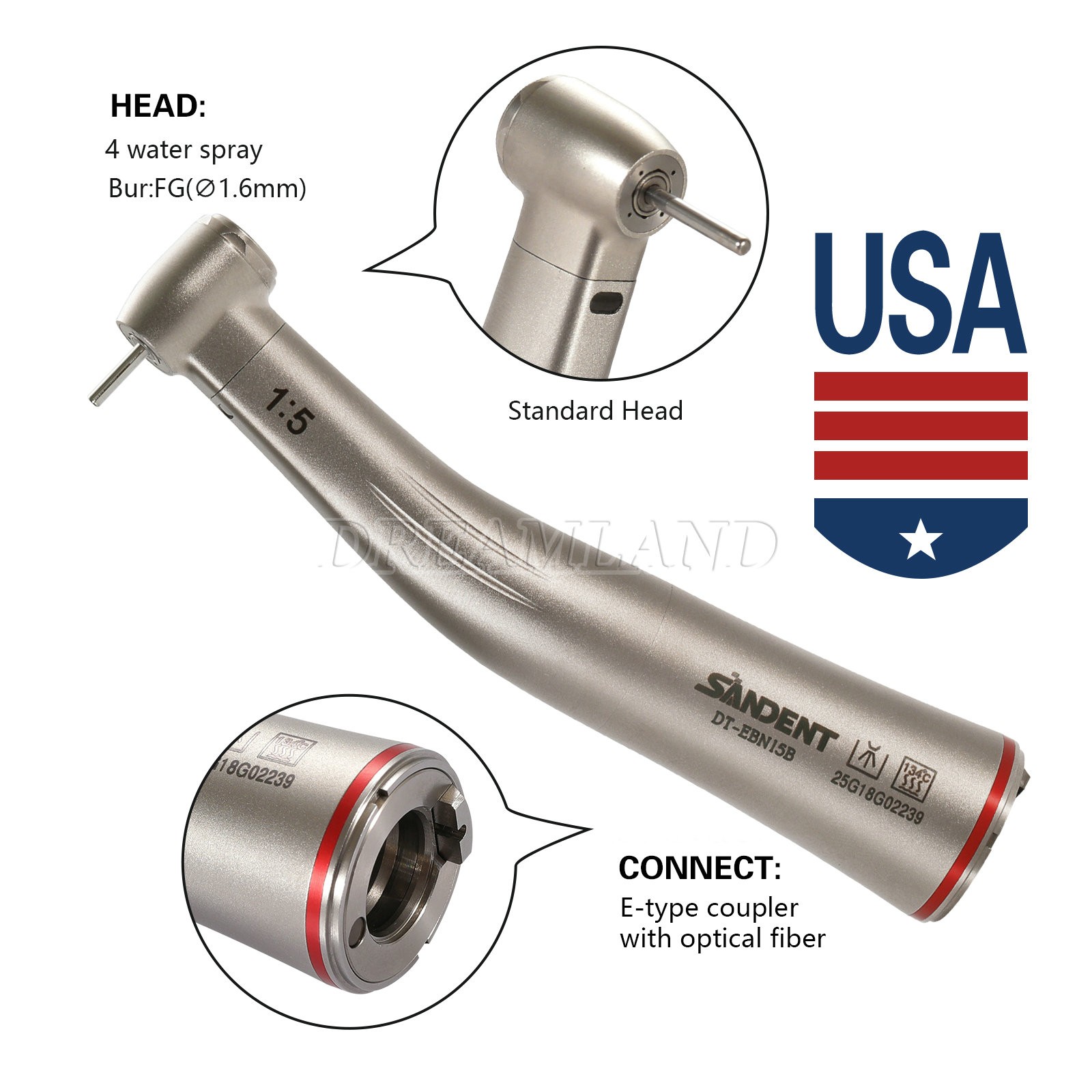 Dental 1:5 Increasing Contra Angle FG1.6mm LED Fiber Optic Handpiece SANDENT USA