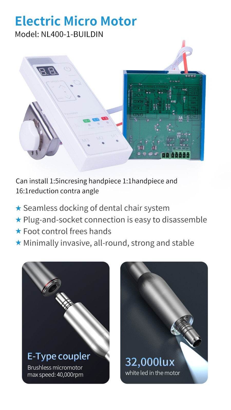Dental Electric Micro Motor Brushless LED Handpiece Built-in 1:1 1:5 16:1 KZA
