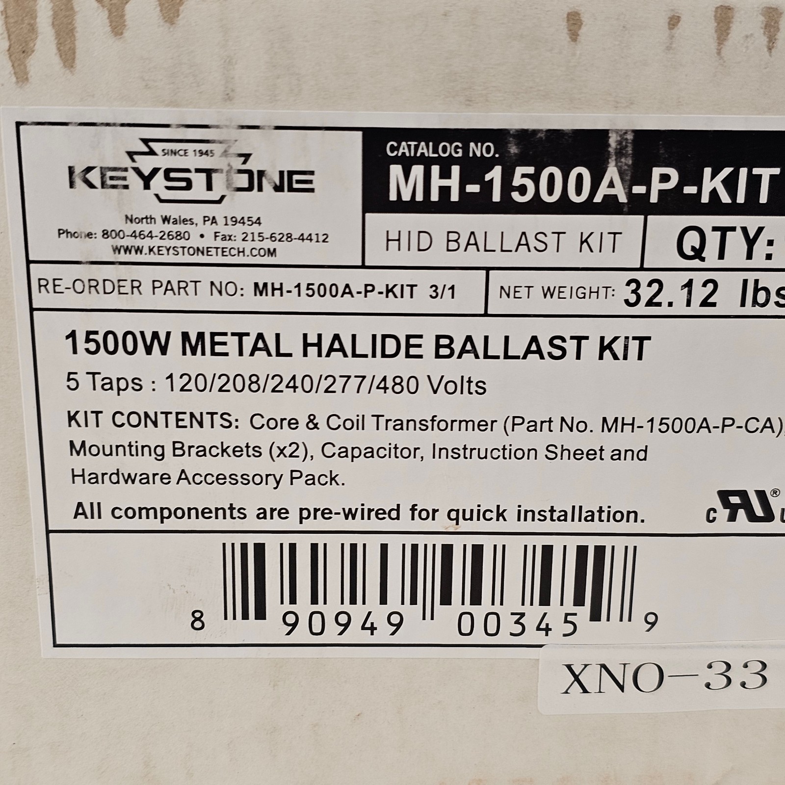 Keystone MH-1500A-P-KIT 5 Tap 1500W 120/208/240/277/480 Metal Halide Ballast