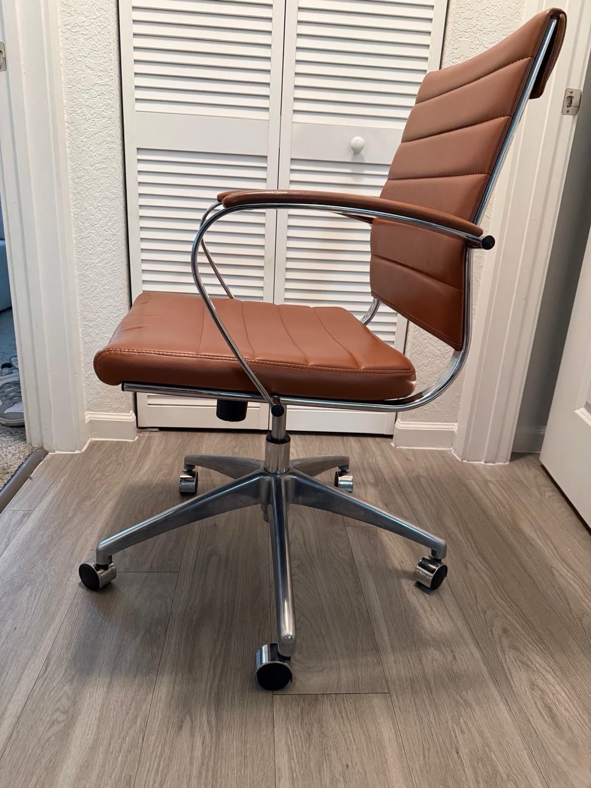 Brown Faux Leather Mid-Back Swivel Office Chair, Chrome Arms/Base, Casters