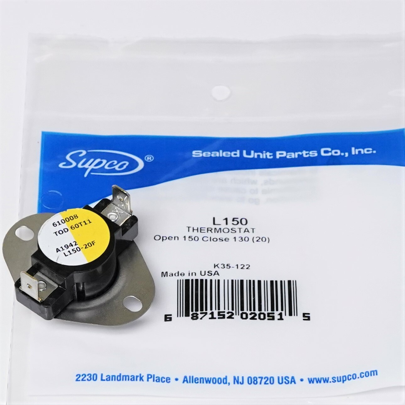 Supco L150-20 Heater Limit Thermostat Thermodisc Open On Rise