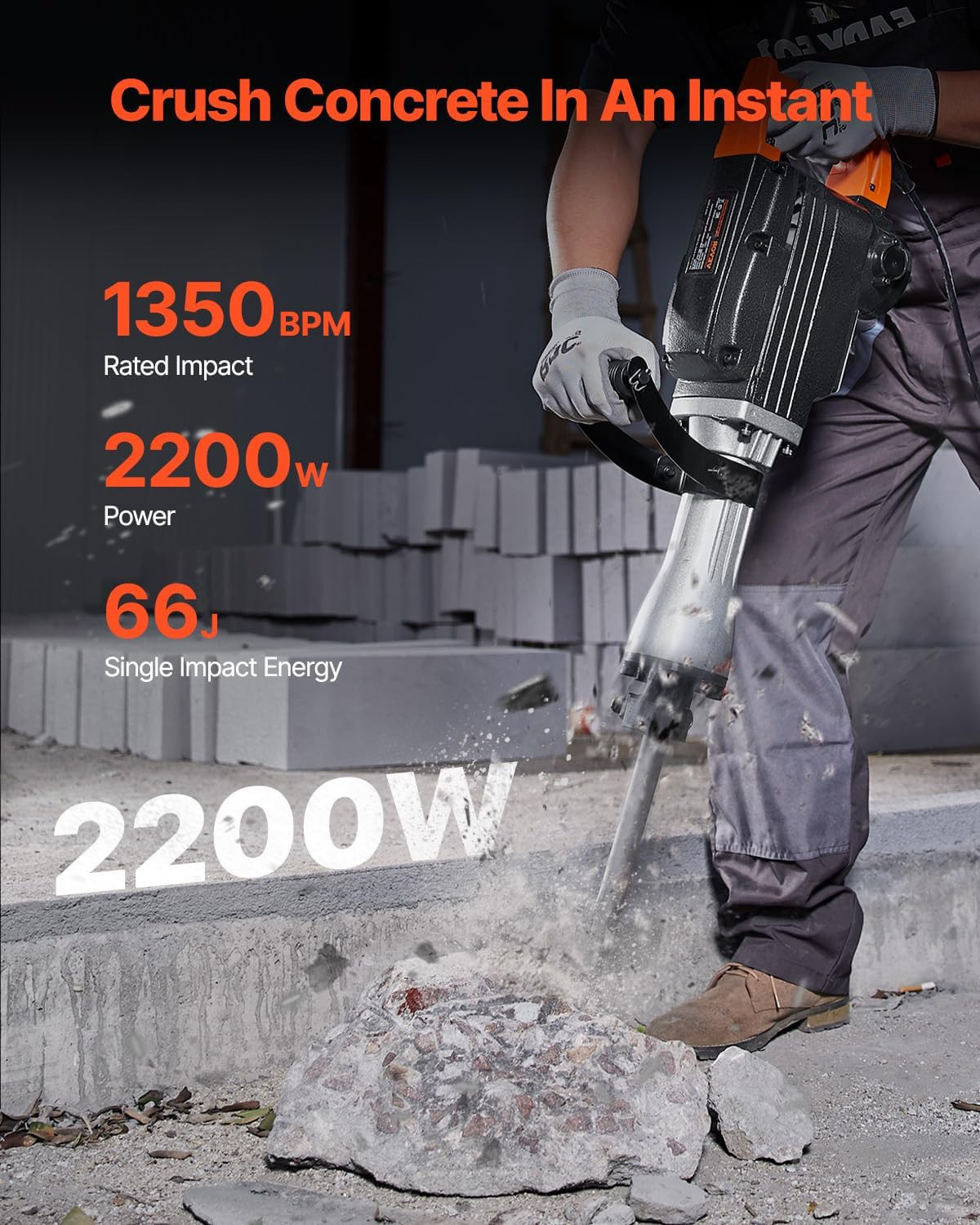 2200W Electric Jackhammer Heavy Duty, 1350 BPM Concrete Breaker 2Pcs Chisels Bi