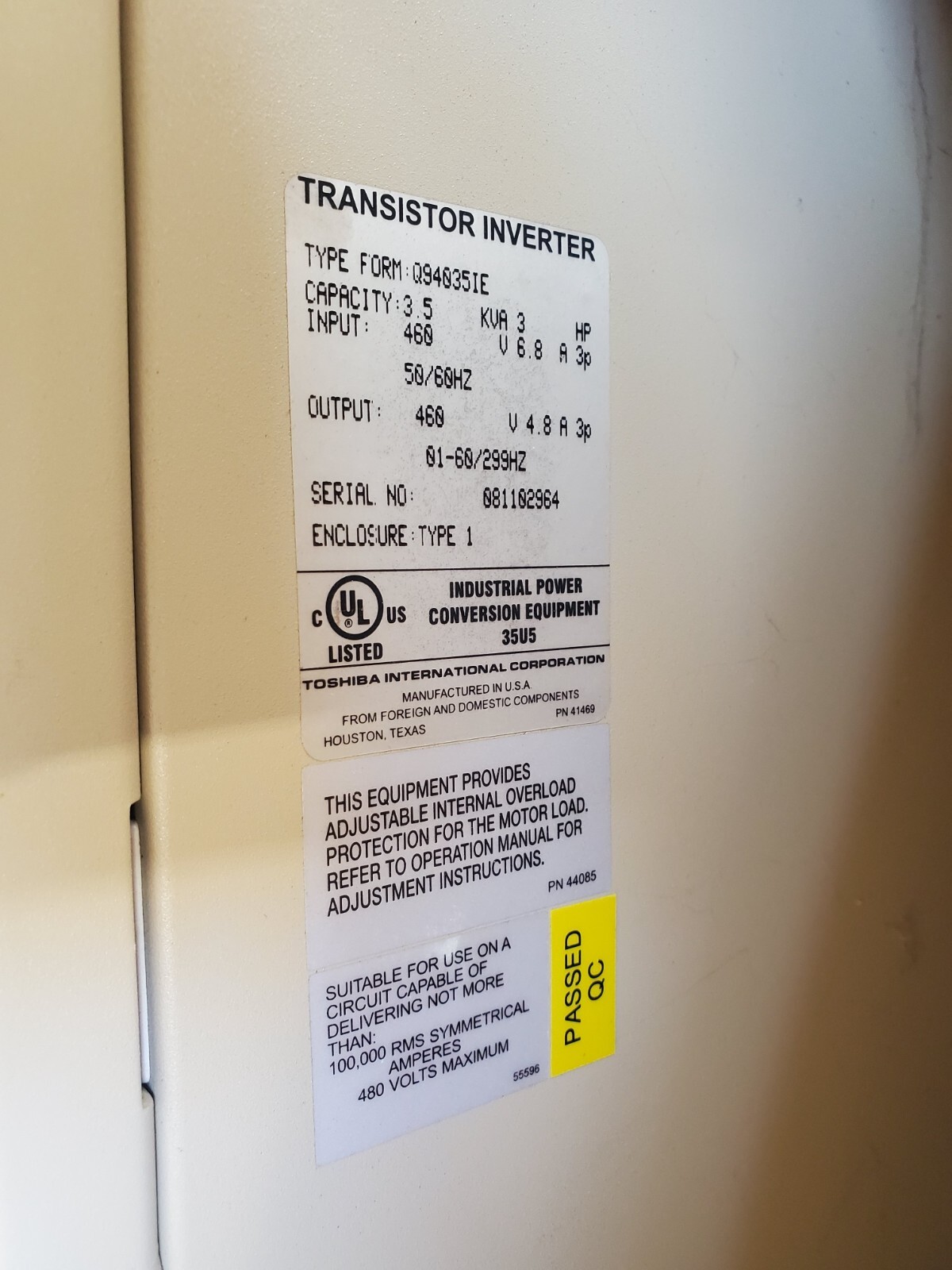 3 HP ADJUSTABLE SPEED DRIVE INDOOR 480 VOLT