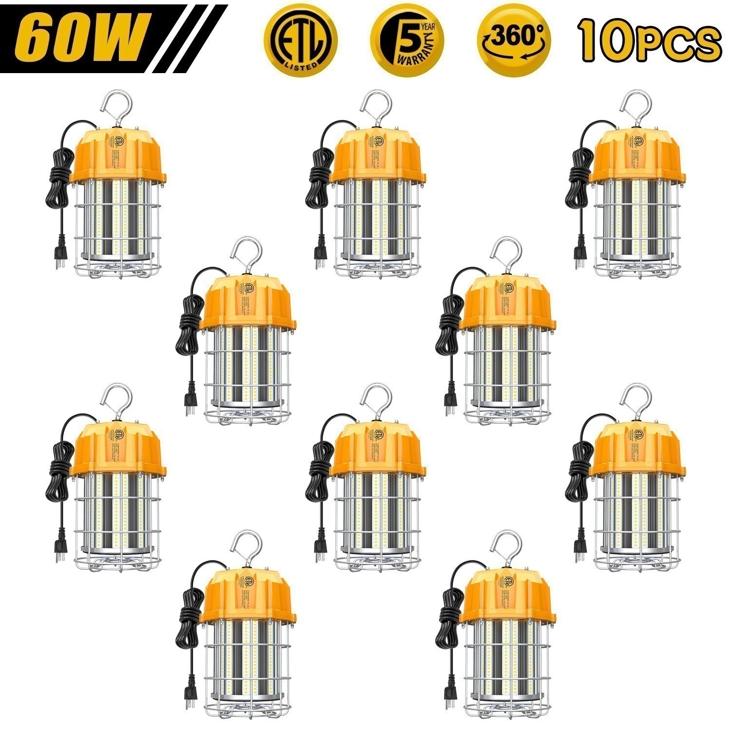 10Pack 60W LED Temporary Work Light Portable Construction Jobsite Lights 12000Lm