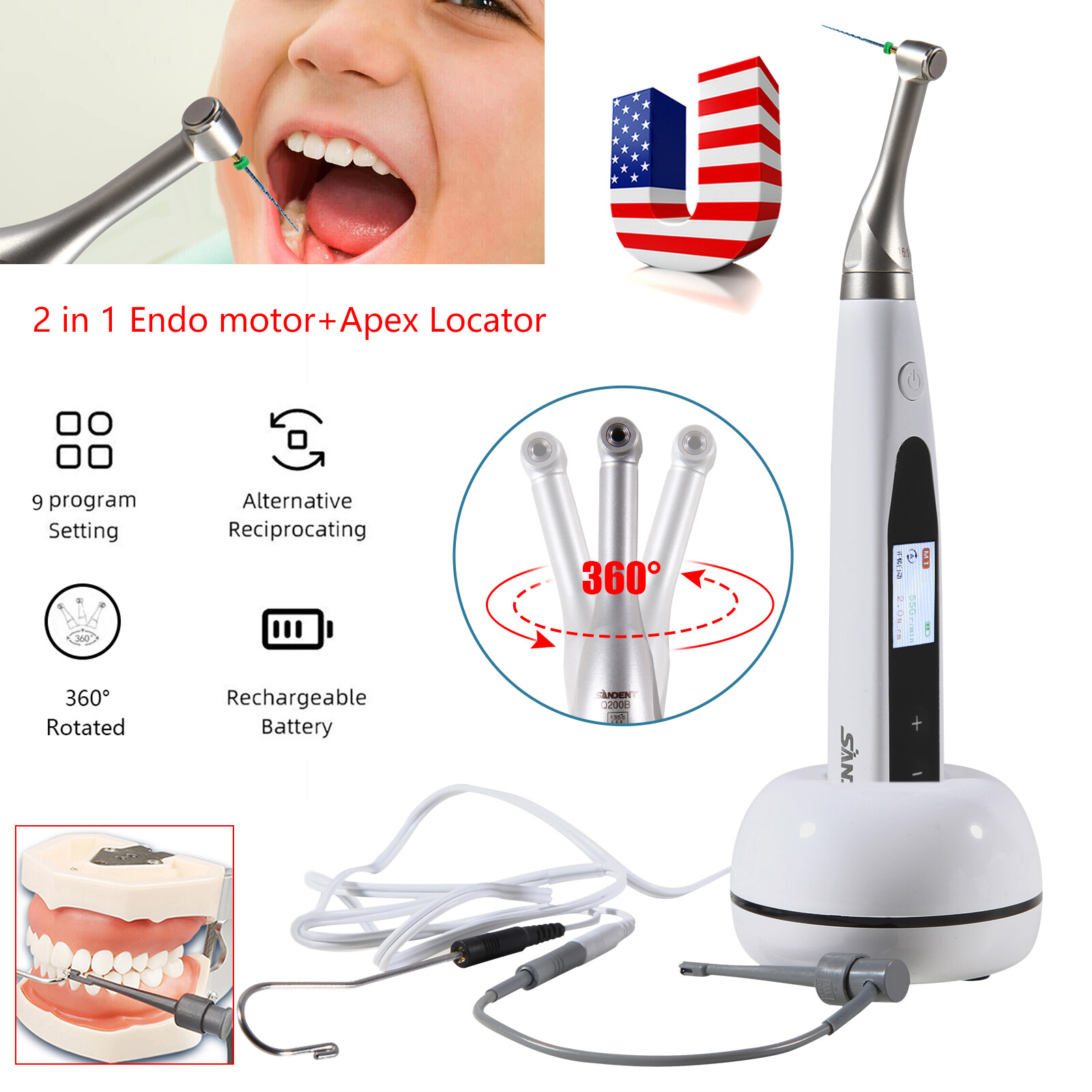 Dental Cordless Endo Motor 16:1 Contra Angle Built in Apex Locator / Niti Files