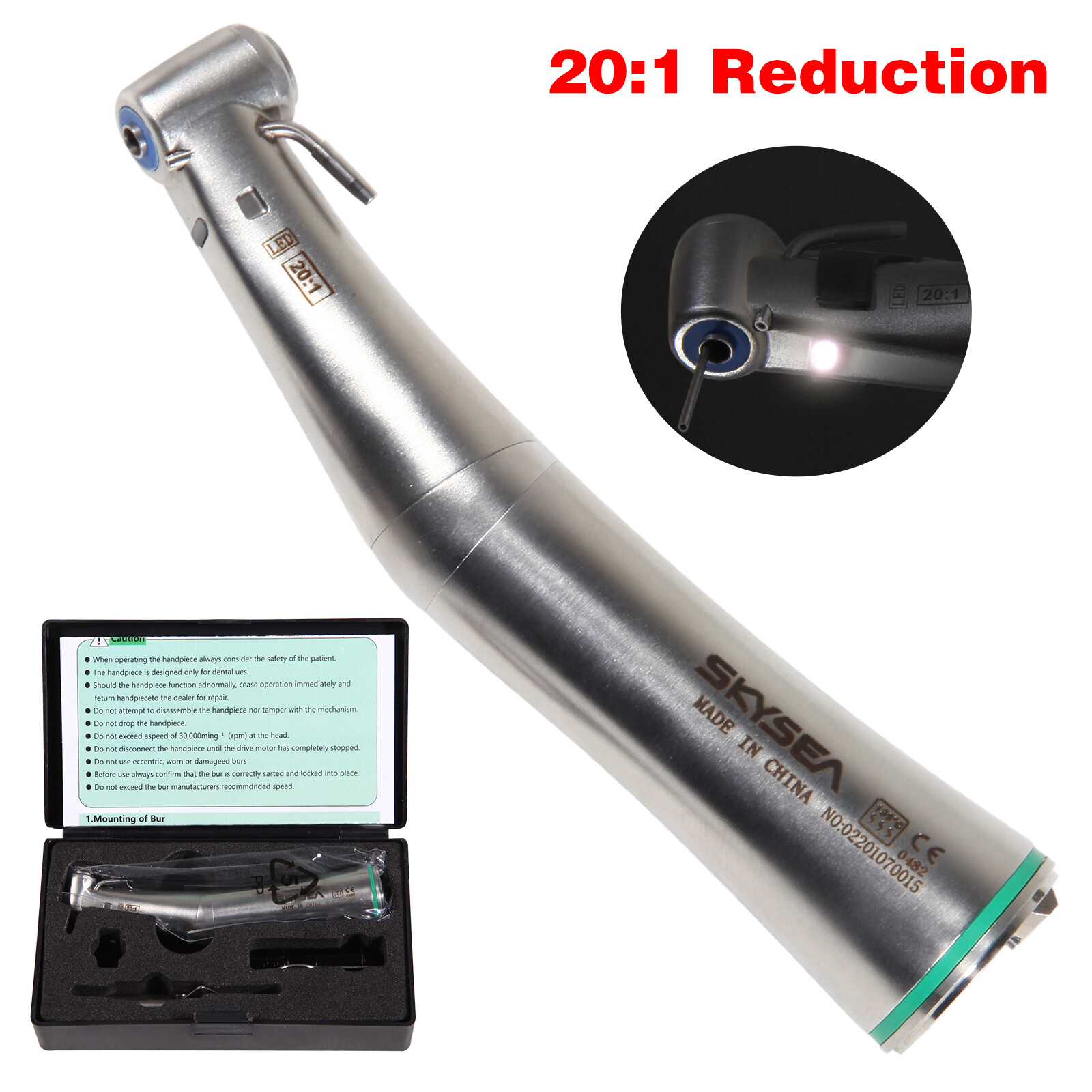 Dental Implant 20:1 Detachable Fiber Optic LED Contra angle handpiece Fit E-type