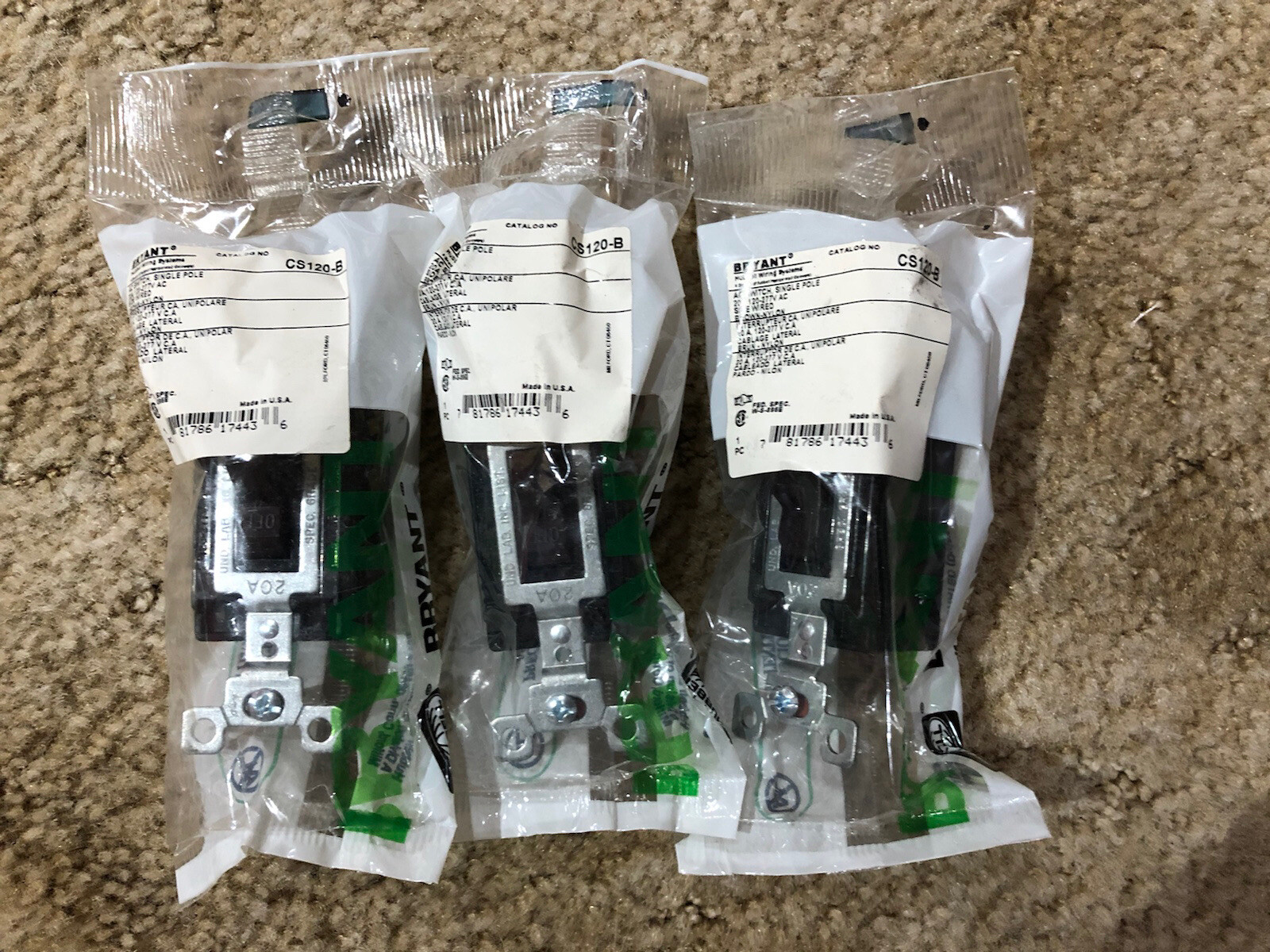 3 ~ BRYANT AC SWITCH ~ CS120-B ~ SINGLE POLE ~ 20A ~ 120-277V AC FREE SHIPPING