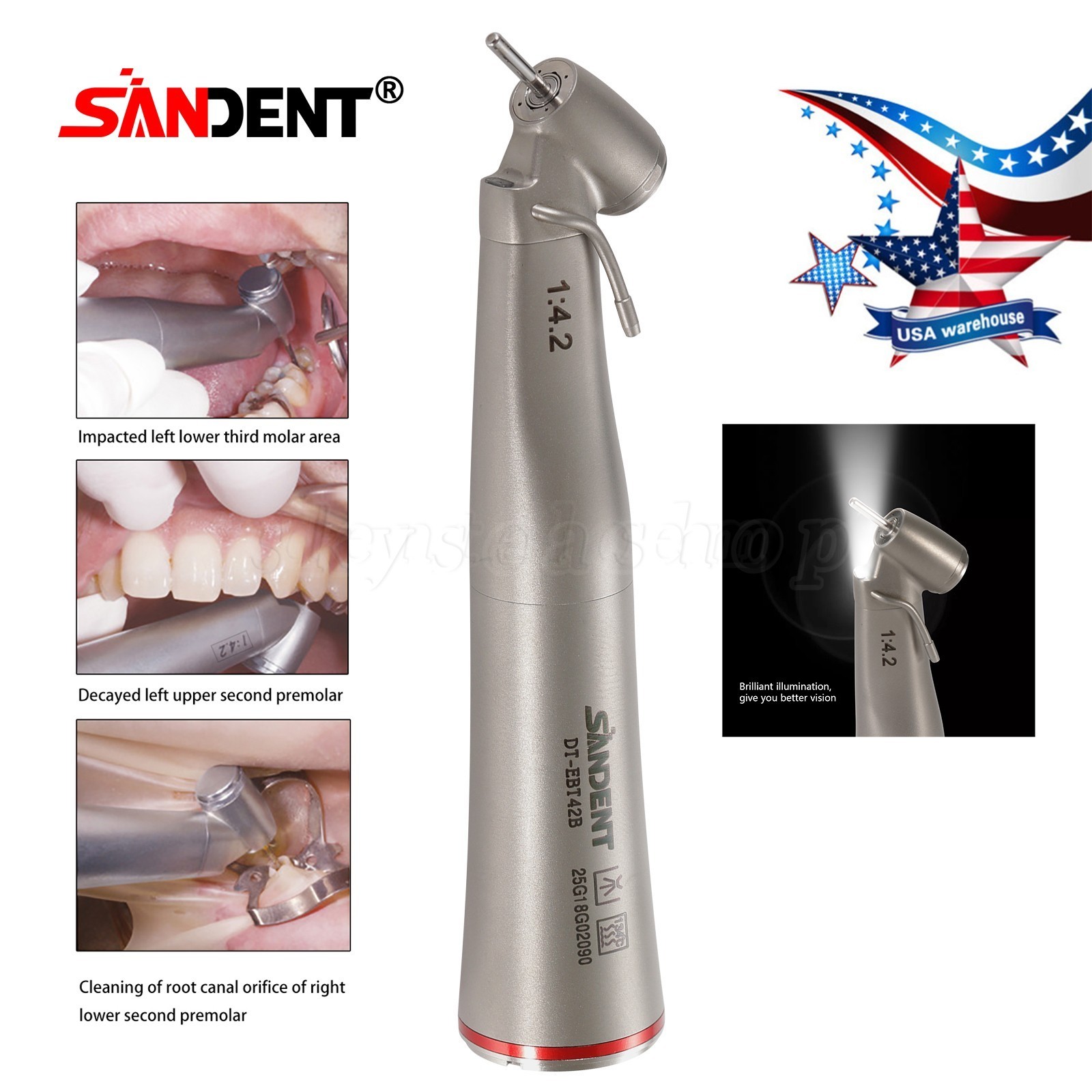 Dental Electric Handpiece 1:4.2 Contra Angle 45 Degree Surgical Fiber Optic USA