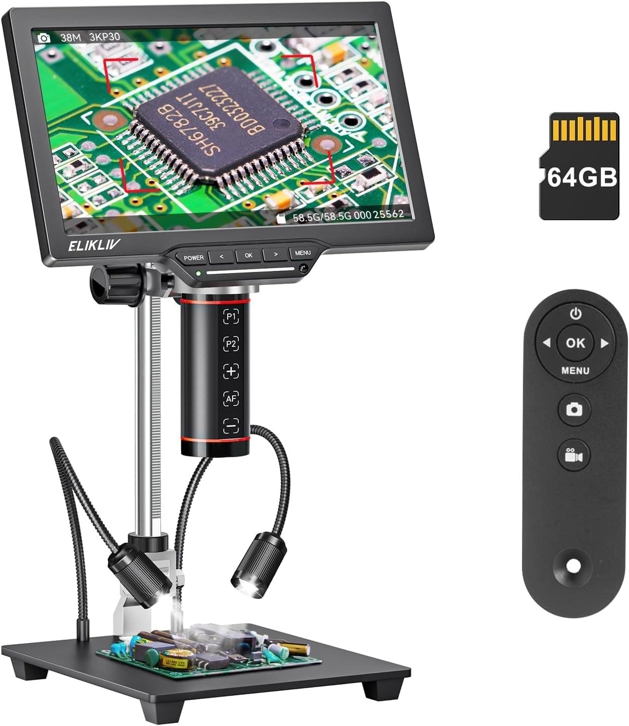 Elikliv 3K Autofocus Digital Microscope 10.1″ IPS HDMI for Soldering Coins 64GB