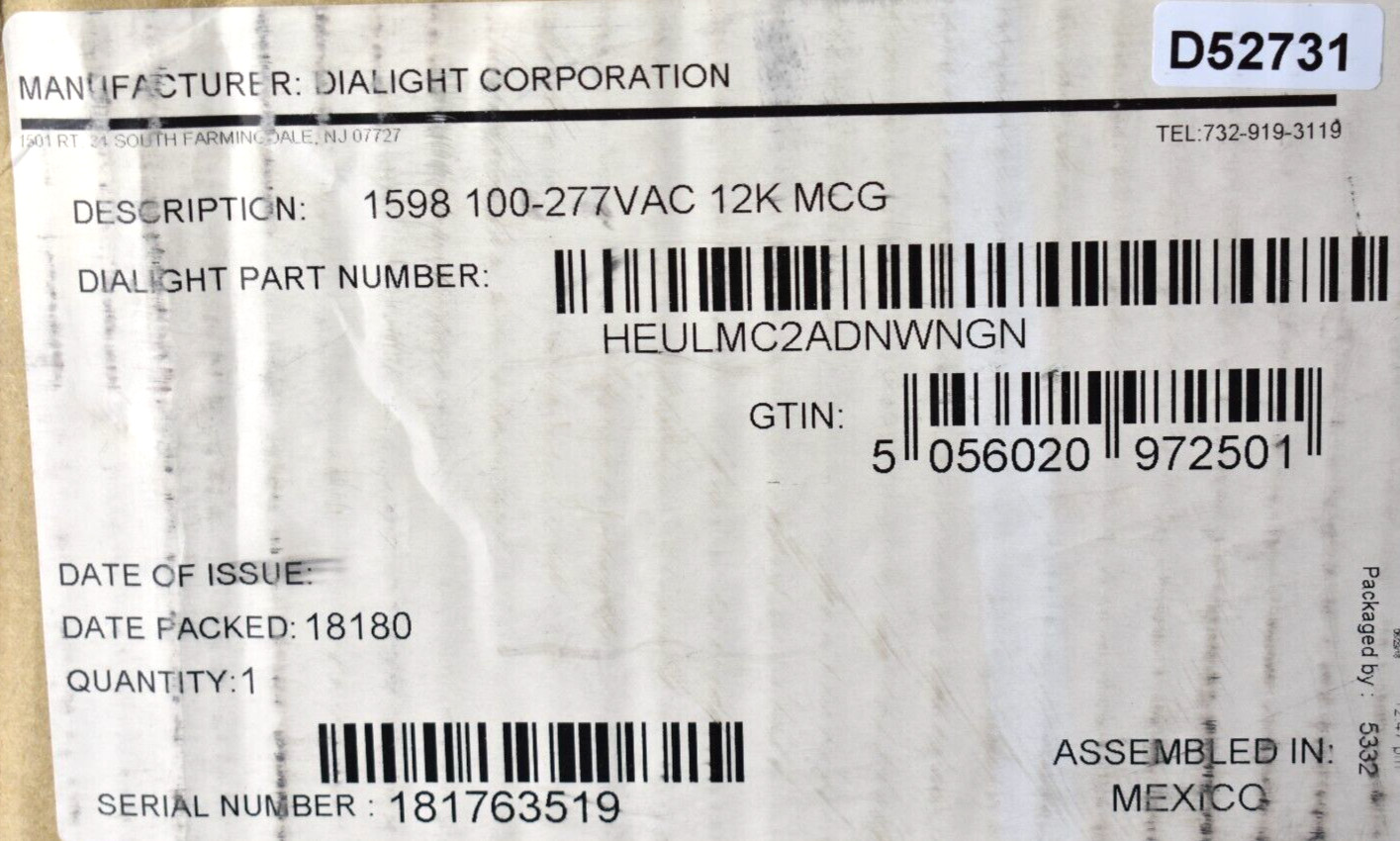 NEW Dialight Vigilant HEULMC2ADNWNGN LED High Bay Corded Light 1598 12K MCG