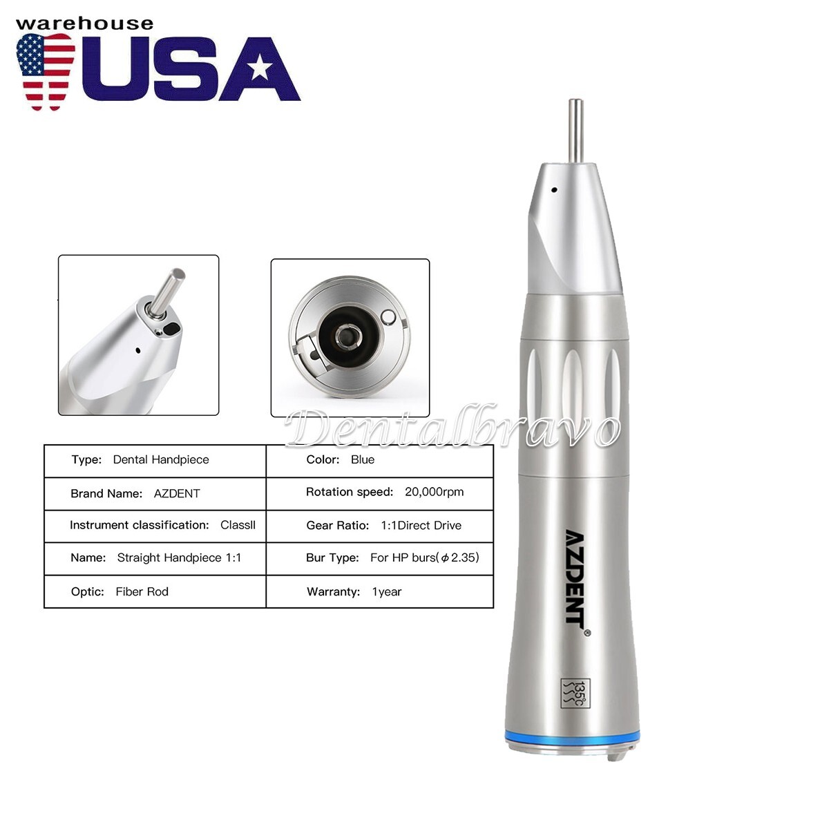 AZDENT Dental Surgical 1:1 Fiber Optic LED Straight Handpiece Inner Channel