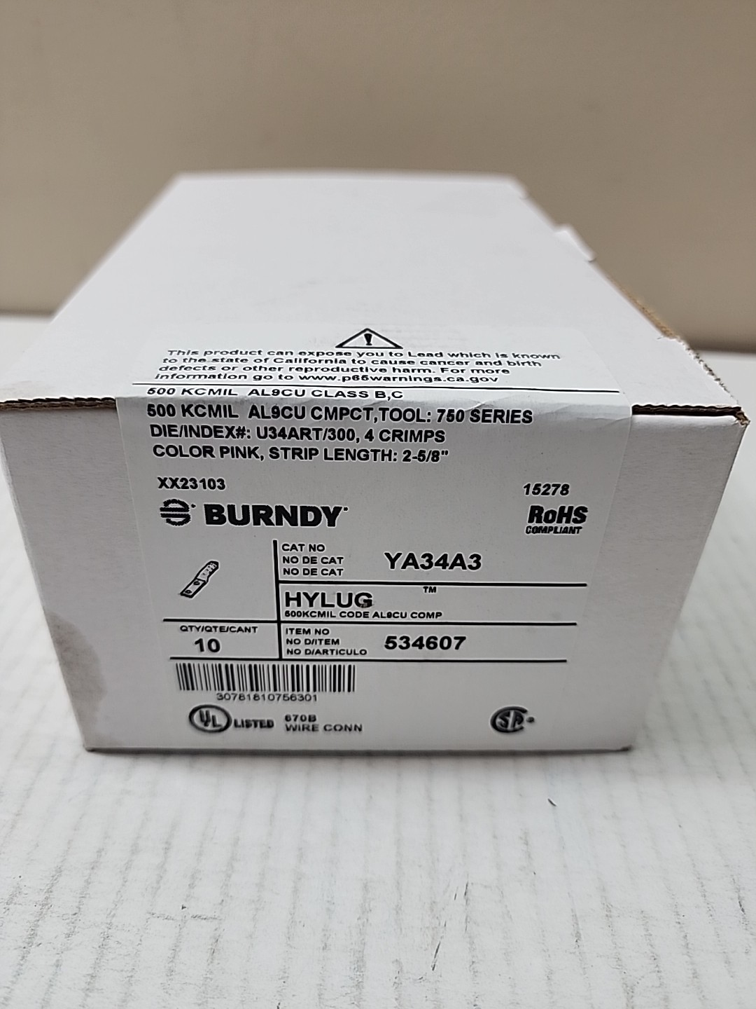 Lot of 10 Burndy YA34A3 534607 Aluminum Compression Lugs, 2 Hole, 500 Kcmil