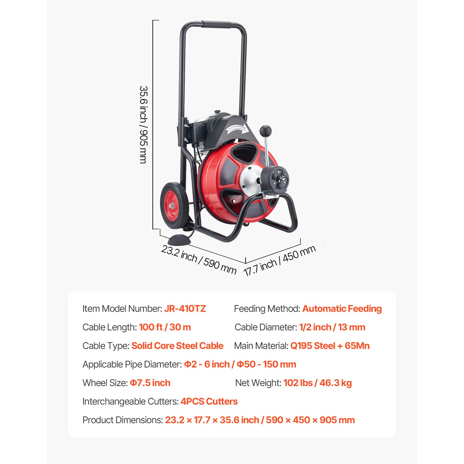 Uimoso Electric Drain Auger Machine with 100 FT x 1/2 In Cable and Auto Feed