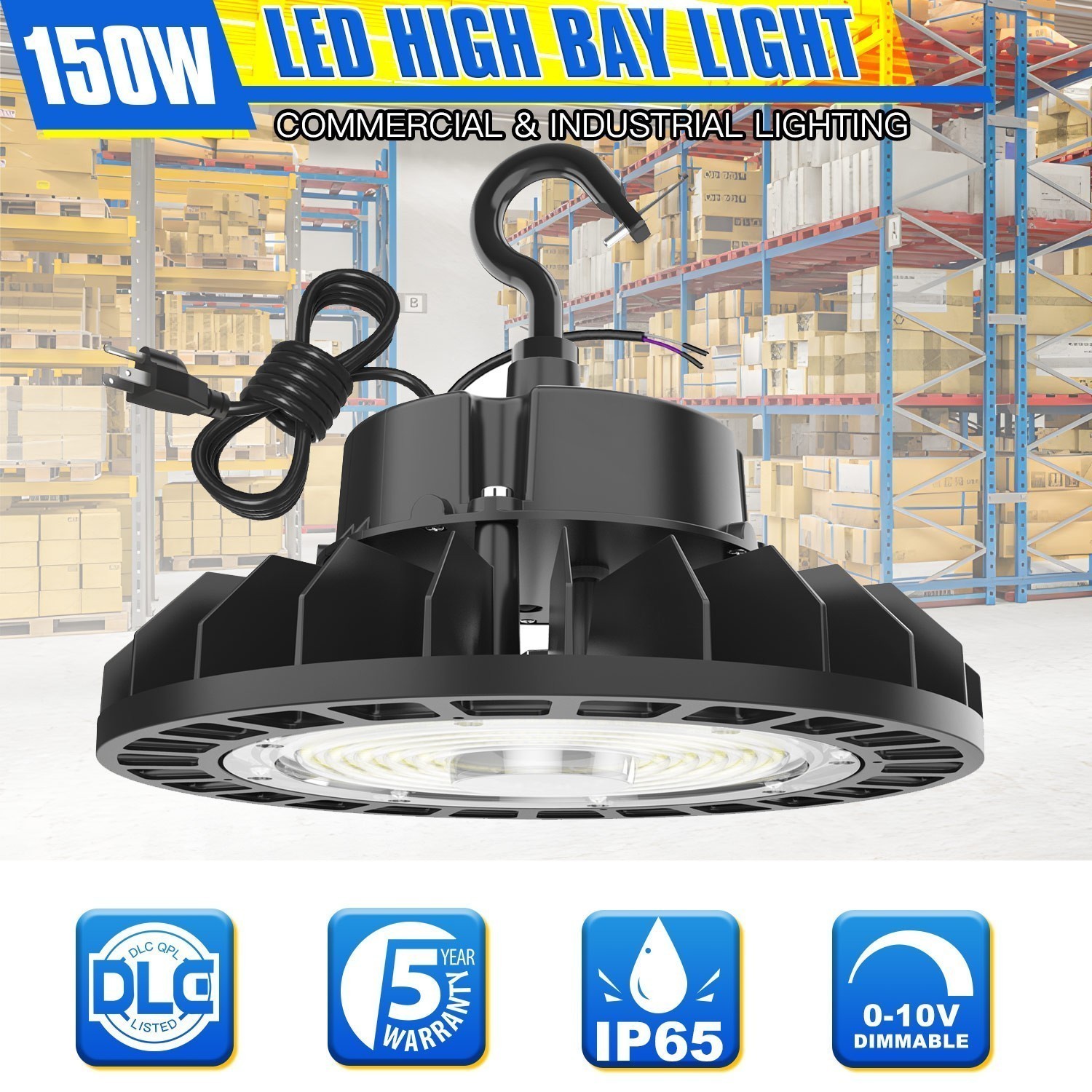 150W LED UFO High Bay Light – Dimmable 5000K Industrial Warehouse Shop Fixture