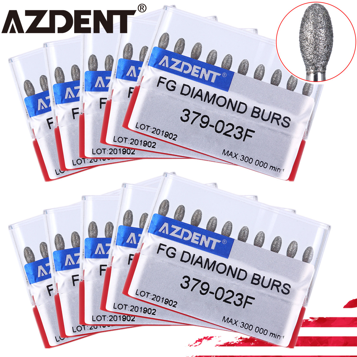 AZDENT Dental Diamond Burs 368-023F / 379-023F Football Fine Grit Red 10Pcs/Box