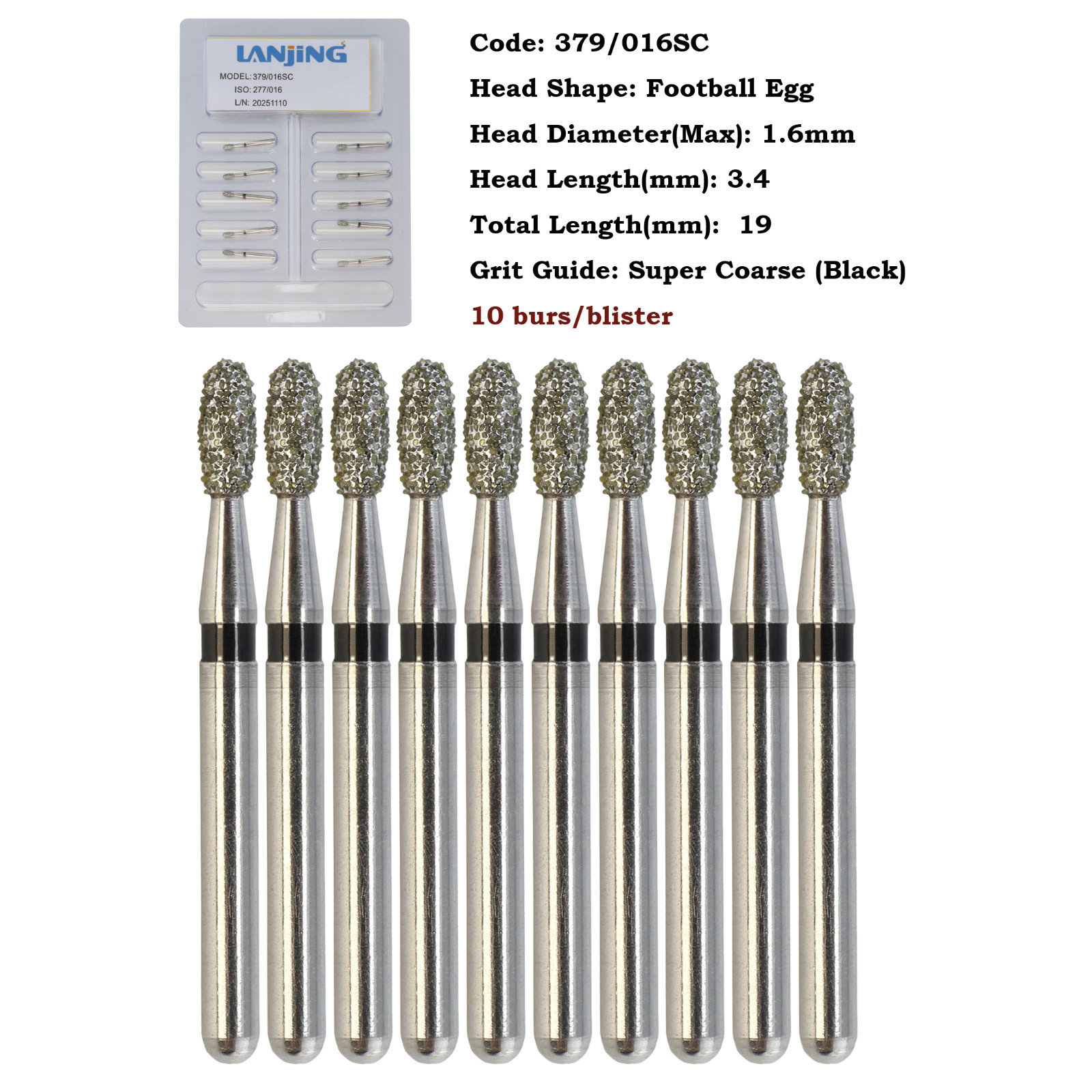 Dental Diamond Burs Football FG 368/023C 379-023F Egg Shape Coarse High Speed