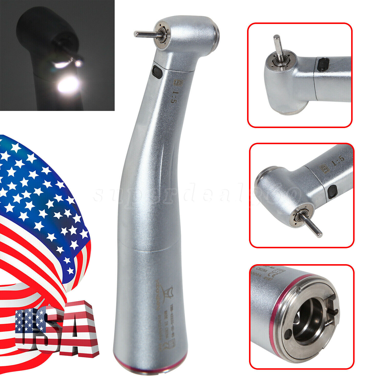 1-10 NSK Style Dental 1:5 Increasing LED Fiber Optic Contra Angle Handpiece YBB