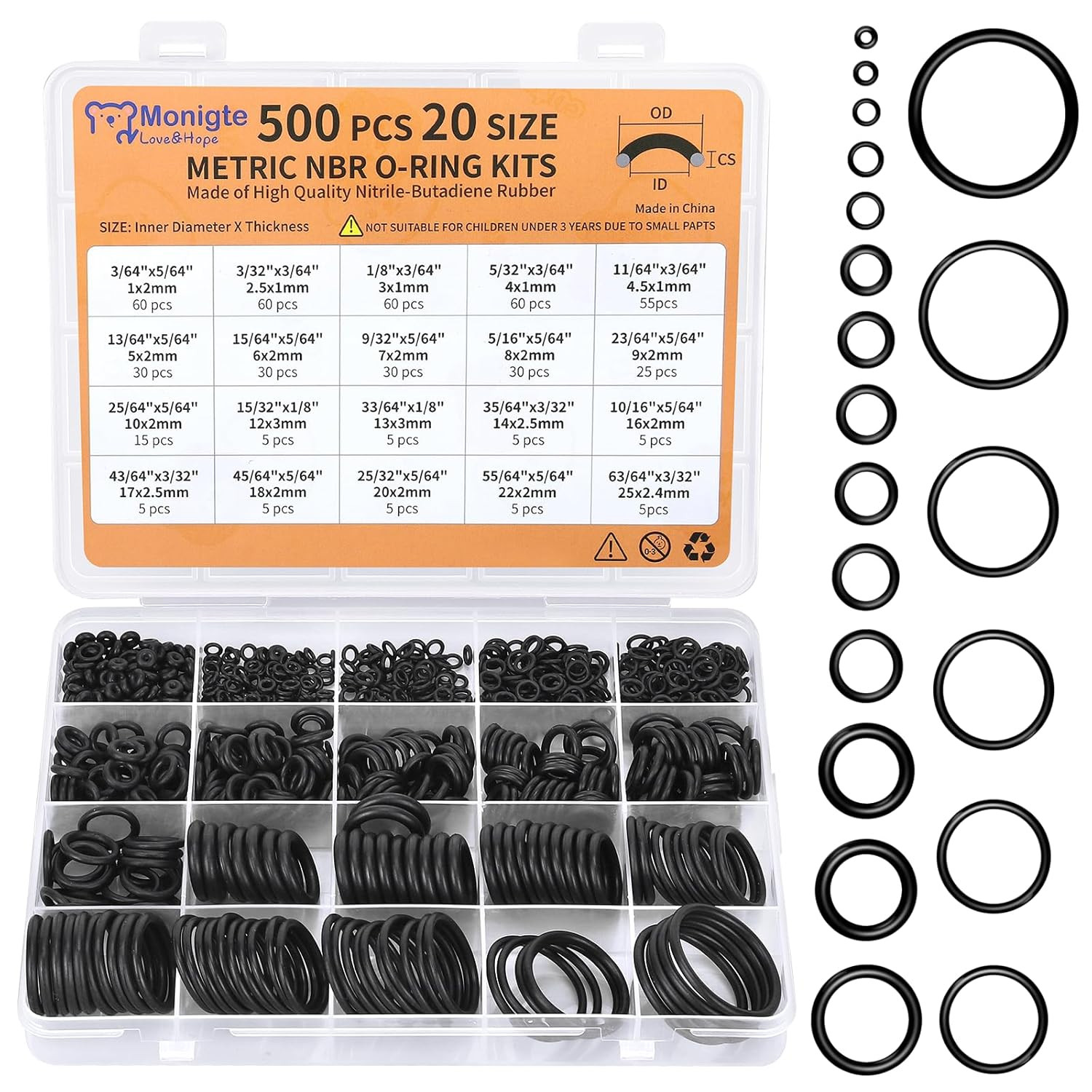 500 Pcs 20 Sizes O Ring Kit,Rubber O-Ring Assortment Kit, Rubber Washers Pressur