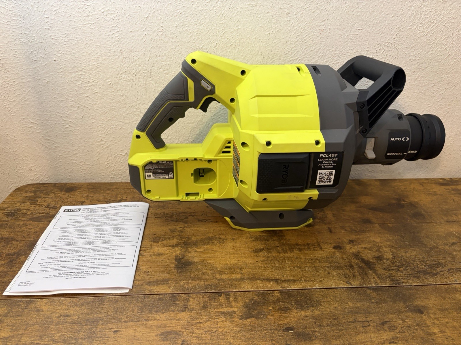 Ryobi PCL457B Cordless Drain Auger with 35 ft Cable Auto Feed/Retract TOOL ONLY