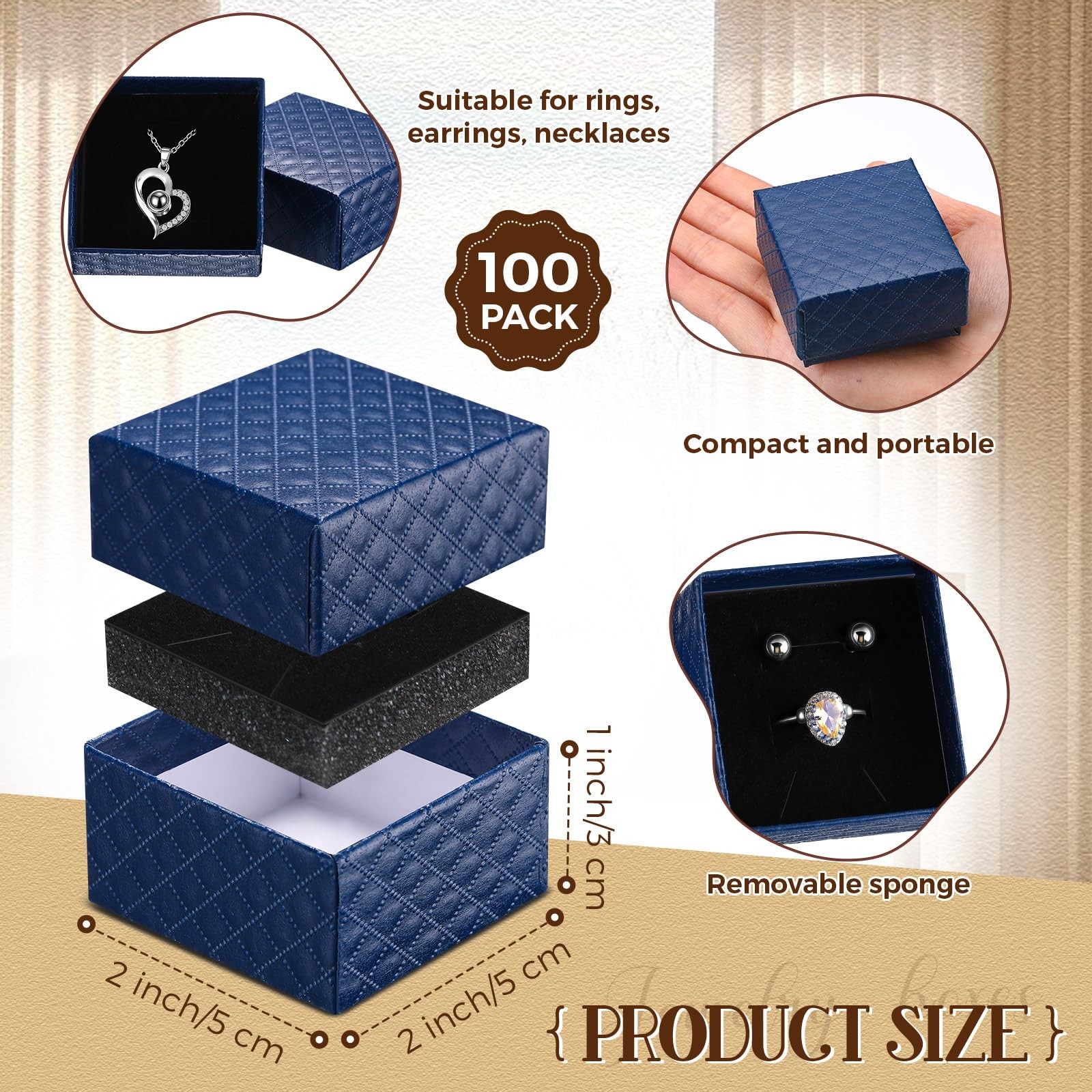 Landical 100 Pcs Jewelry Ring Gift Box 2” x 1 Count (Pack of 100), Dark Blue