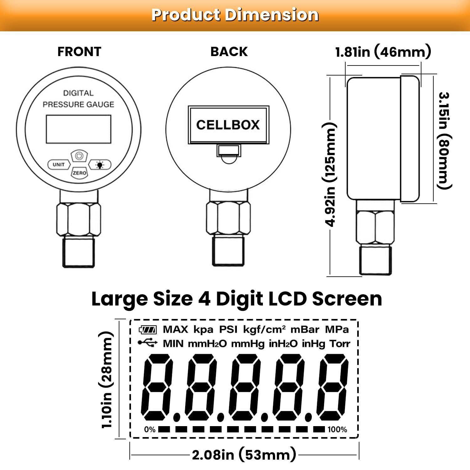 700BAR 10000PSI Digital Hydraulic Pressure Gauge with 1/4-Inch NPT Connector