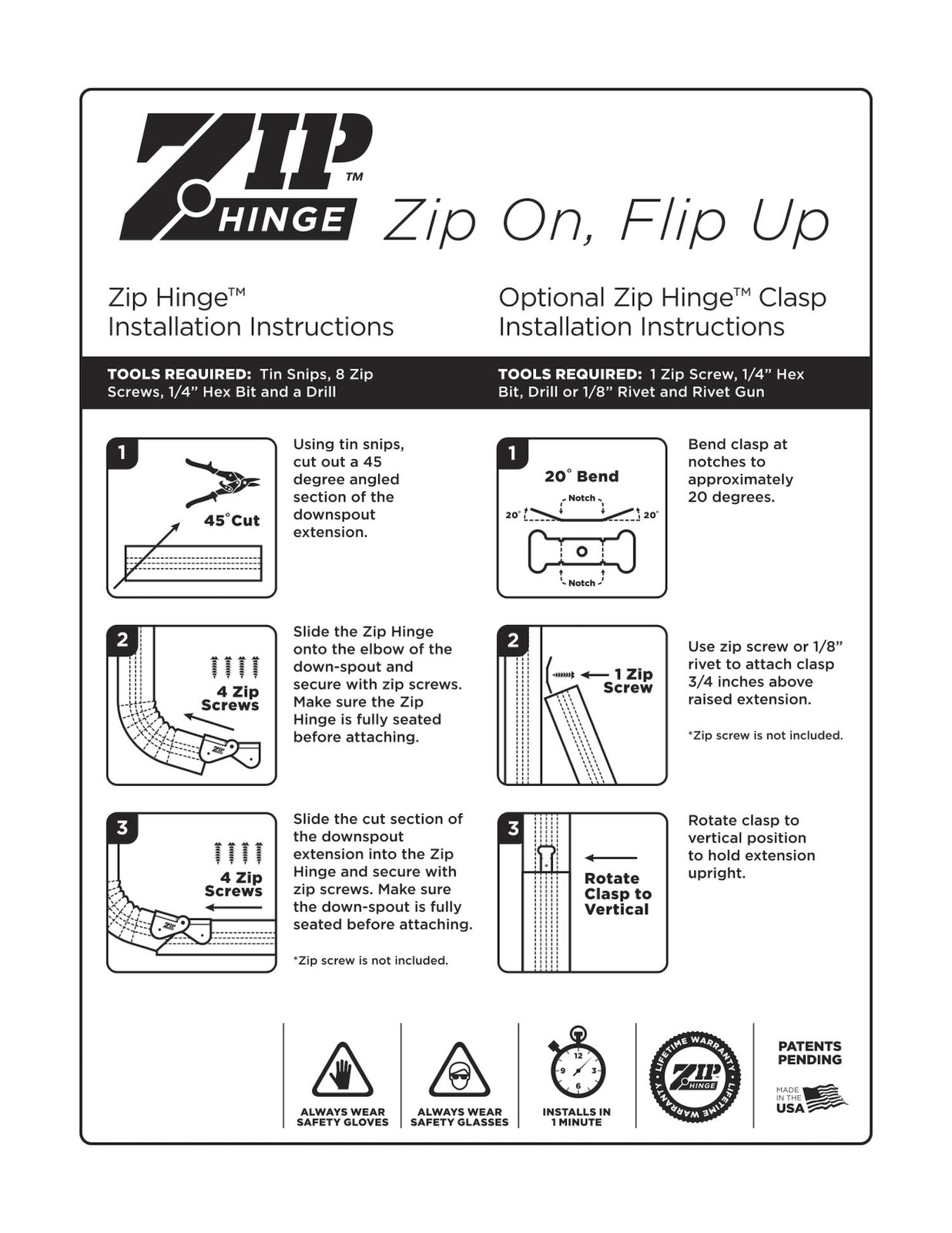 Zip Hinge – 6 Pack 2-6 Pack Set Downspout Gutter Hinge – Fits 2X3 3X4 5 Inch 6