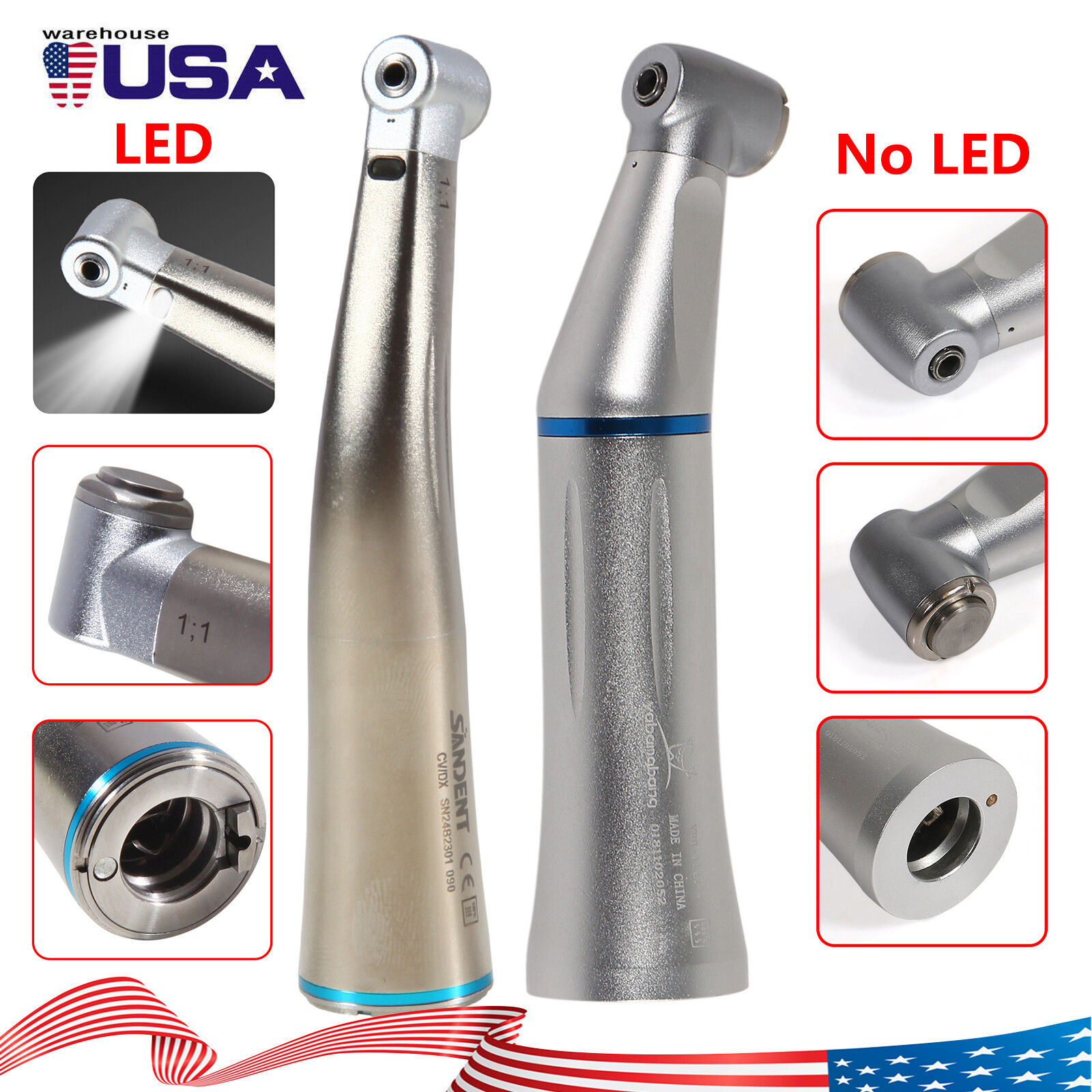 Dental Contra Angle 1:1 No-led/LED Fiber Optic Handpiece Internal water