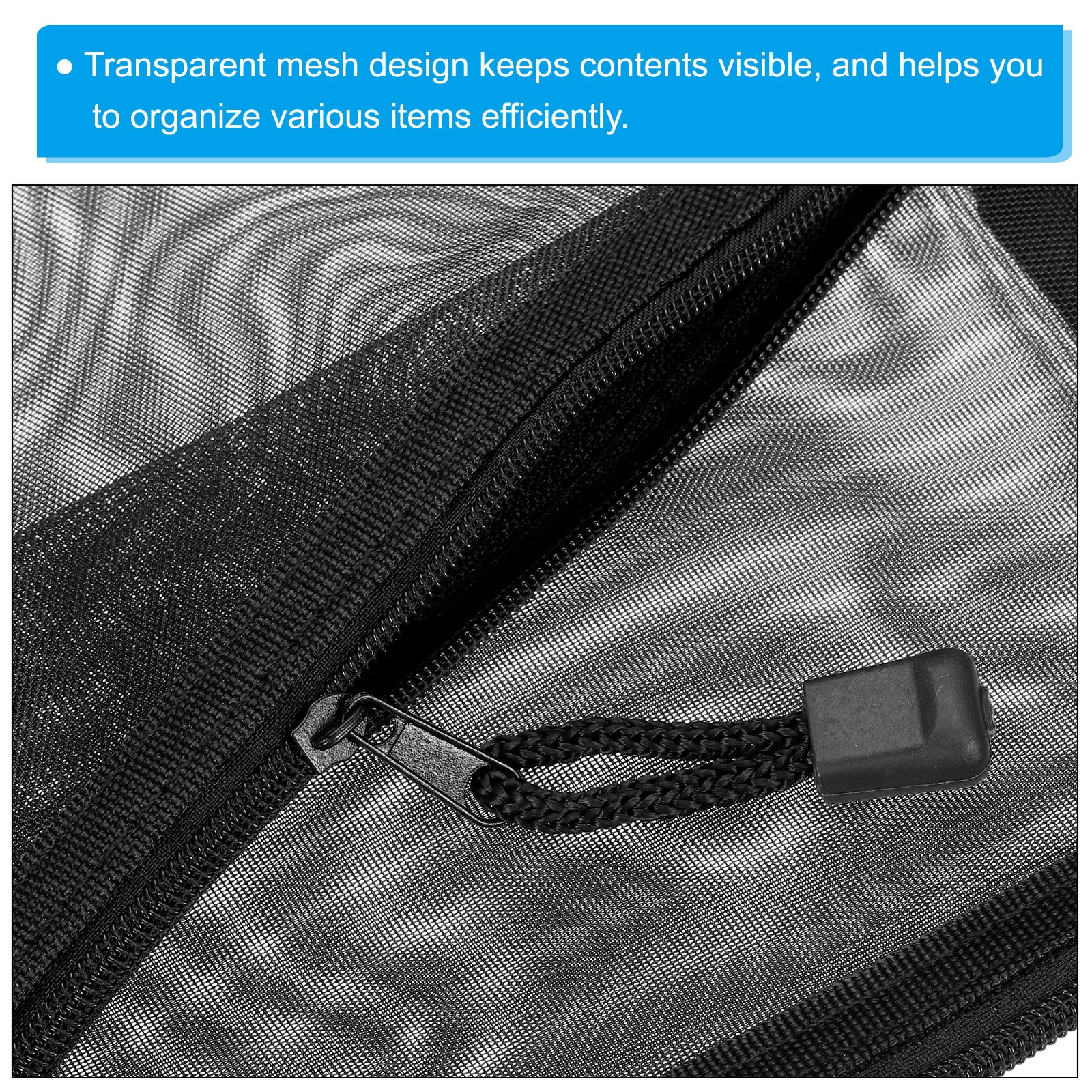 4Pcs, Mesh Zipper Bags A6 Travel Cases Nylon Makeup Pouches Black