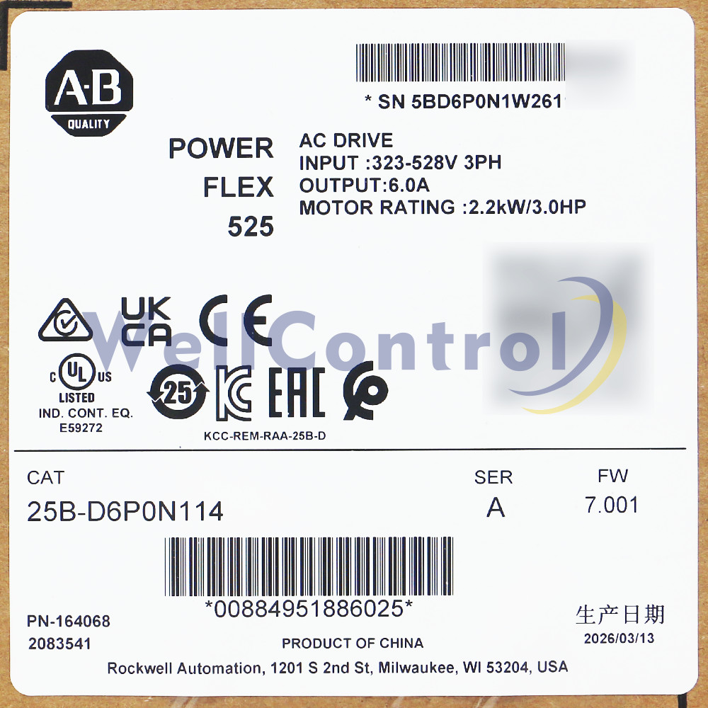 New Allen-Bradley 25B-D6P0N114 PowerFlex 525 2.2kW (3Hp) AC Drive