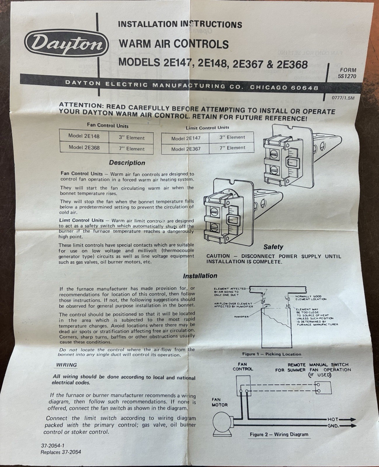 Dayton Warm Air Fan Control 2E148 -120v-240v 60Hz