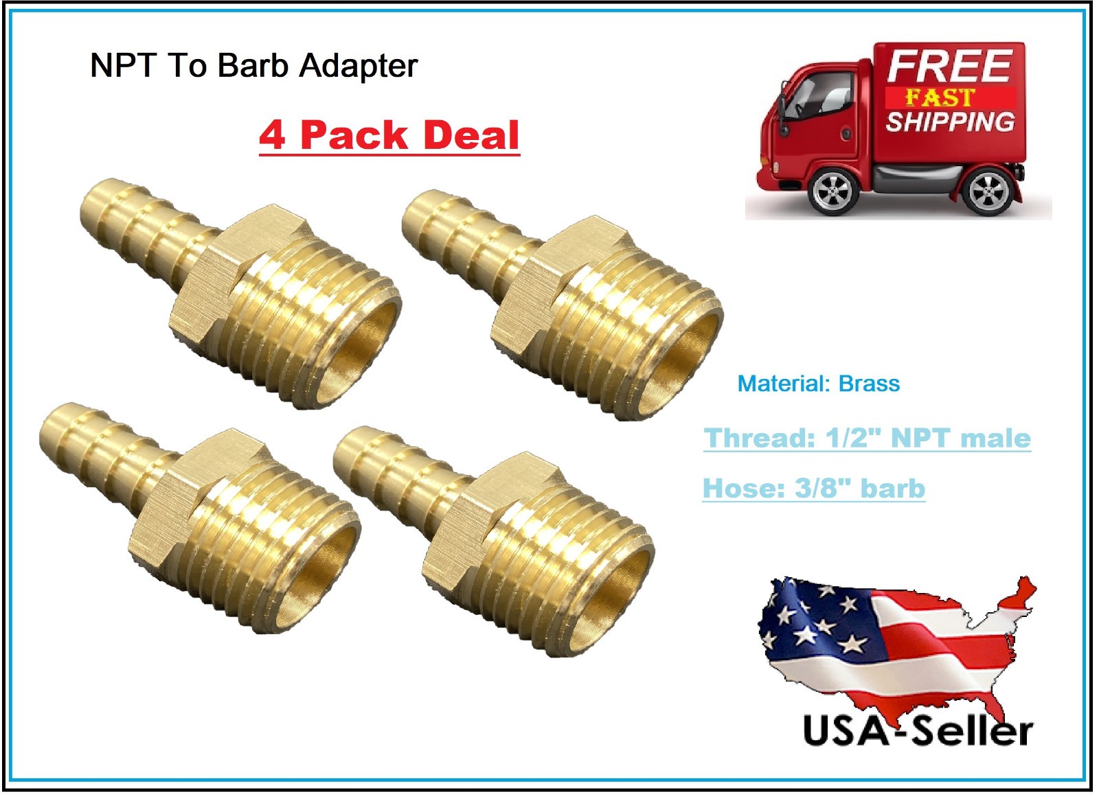 4 Pack Hex Adapter 1/2″ Male NPT to 3/8″ Hose Barb