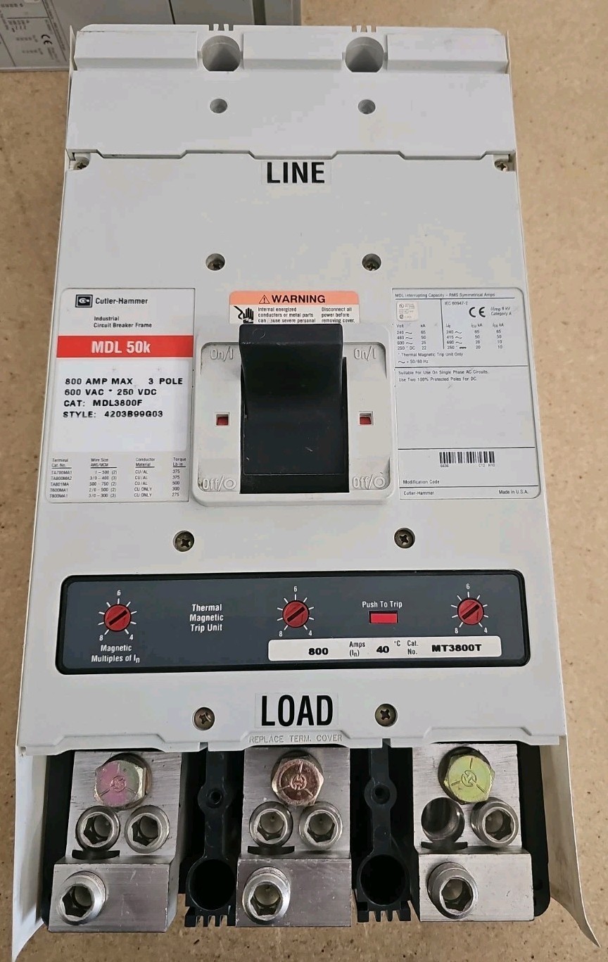 Cutler-Hammer MDL 50k 800A 3-Pole Circuit Breaker 551-600V MDL3800F MT3800T