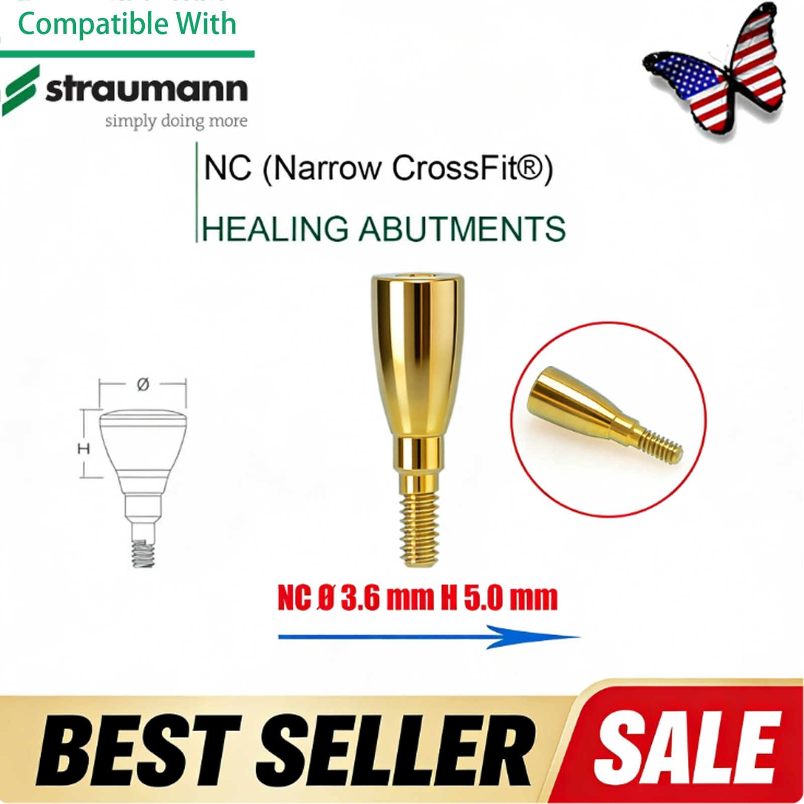 NC Titanium Healing Abutment & Closure Cap Fit Straumann ITI BLT Narrow CrossFit