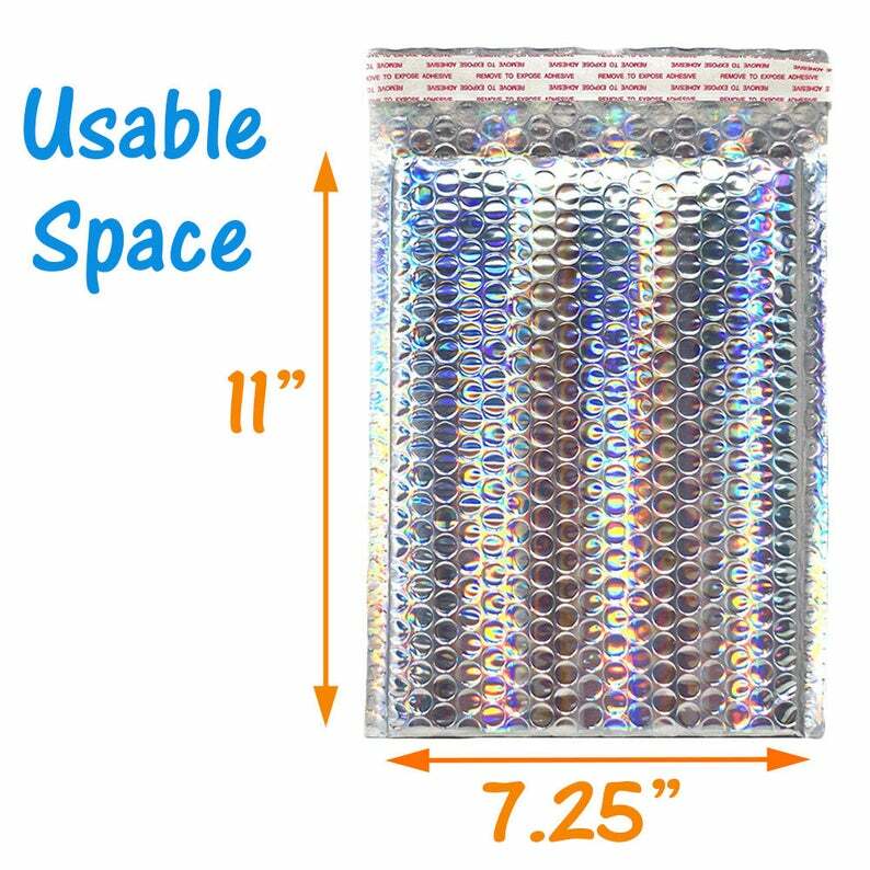 7×11 Holographic, Ice Blue Metallic Bubble Mailers, Padded Self Sealing Envelope