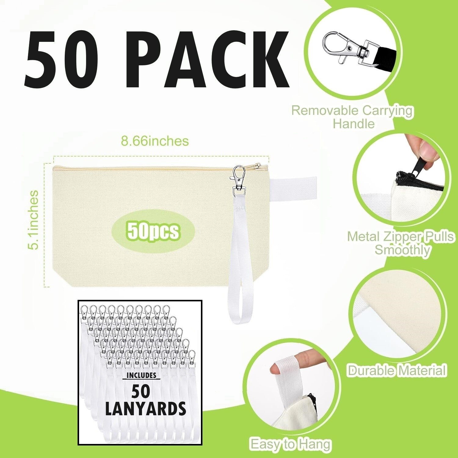 50 PACK! Blank Canvas Cosmetic Bags, Bulk Lot Heat Transfer Sublimation Makeup