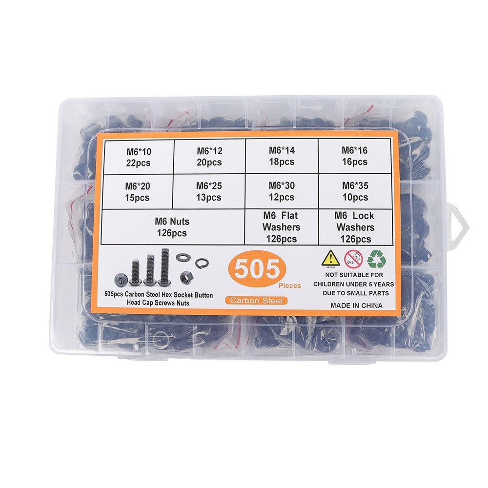 M6 Bolt Assortment Button Head Hex Socket Cap Screws Bolts Nut Kit Metric 505Pcs
