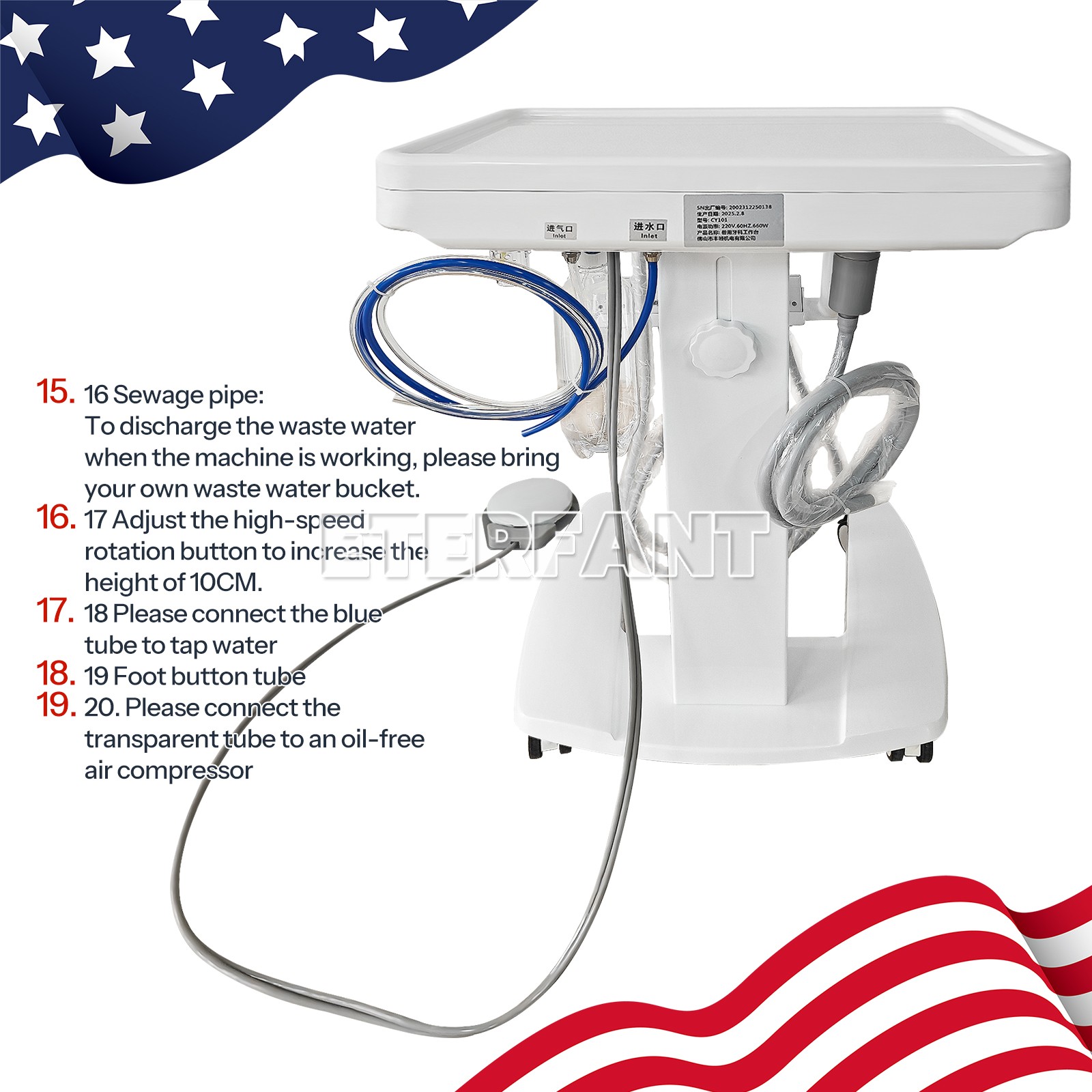 ETERFANT Mobile Electric Suction Unit/Dental Delivery Unit System Cart Treatment
