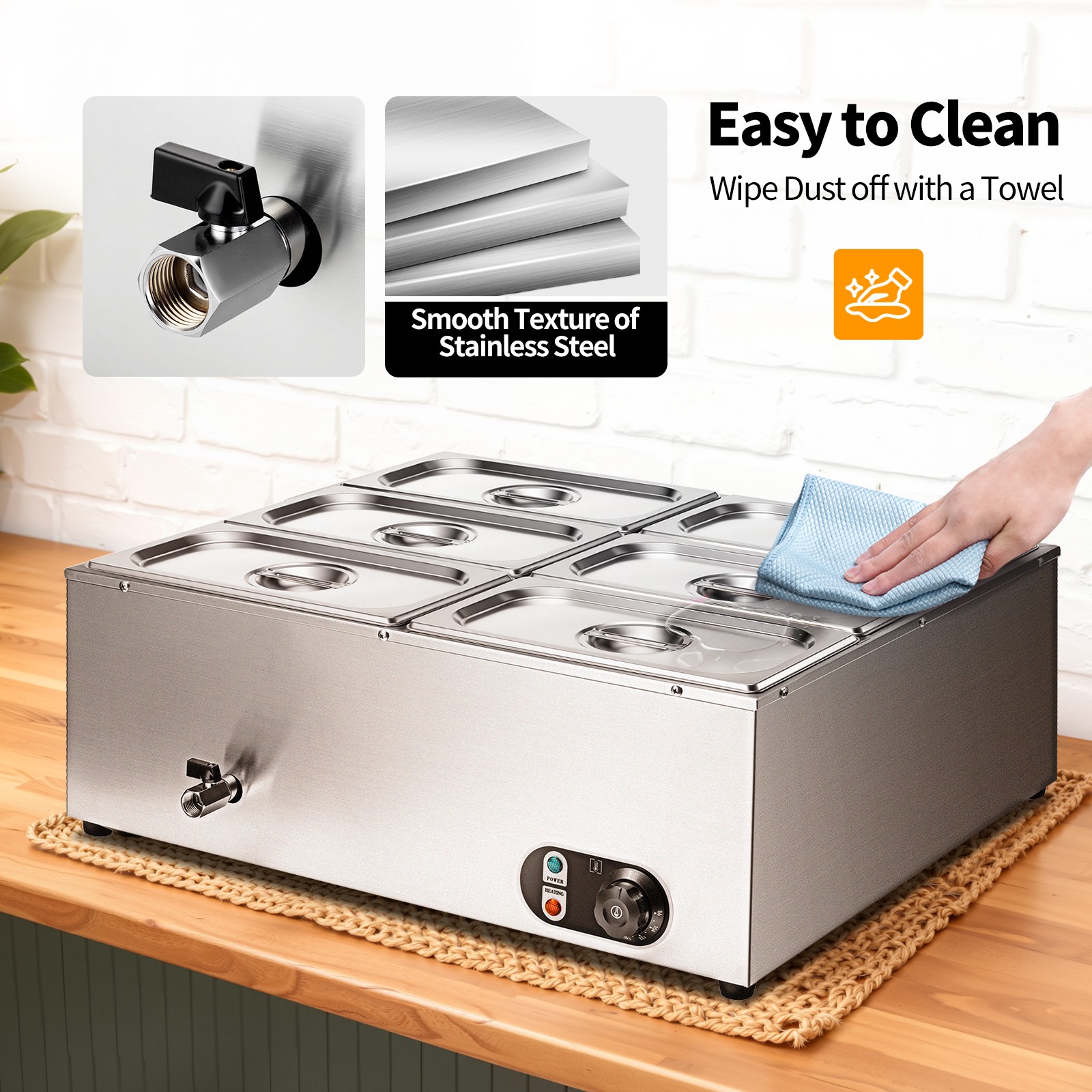 6-Pan 48Qt Commercial Food Warmer 1500W Steam Table Buffet Bain Marie Warmer