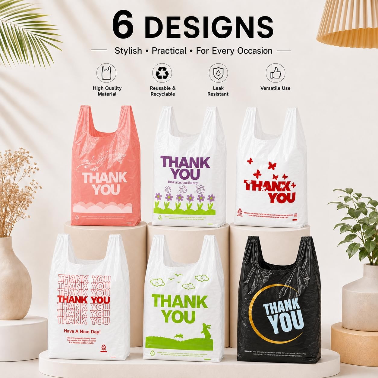 YoYoRain 1000 Pack White Thank You T-Shirt Bags with Handles, 11″x6″x21″ Dura…