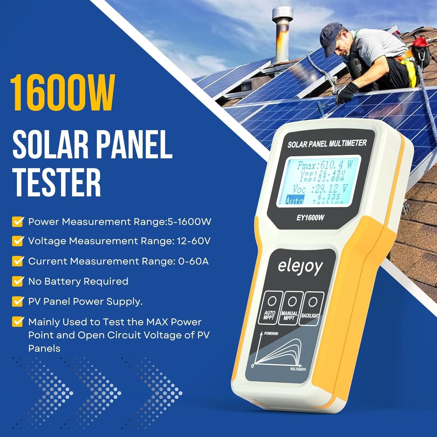 EY1600W Solar Panel Tester & Power Meter with Backlit LCD Display