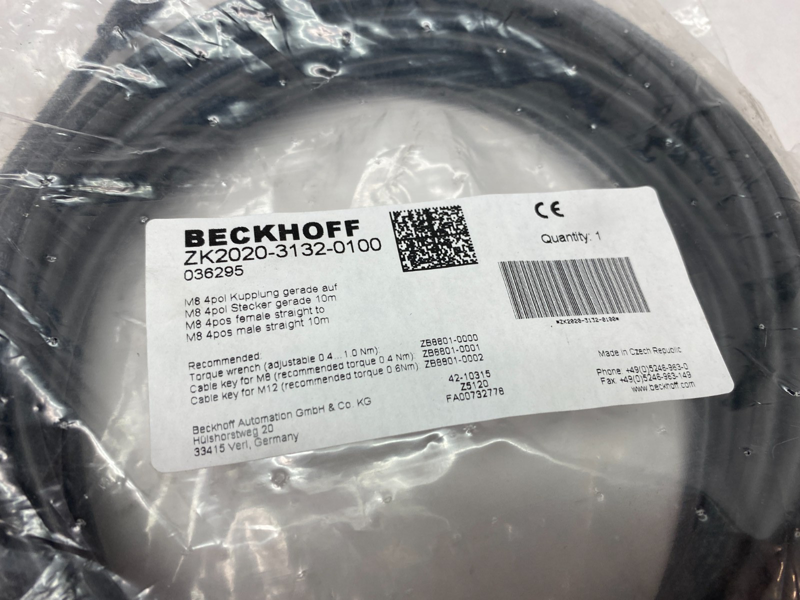 Beckhoff ZK2020-3132-0100 Double Ended Power Cable M8 4-Pin M to F, 036295