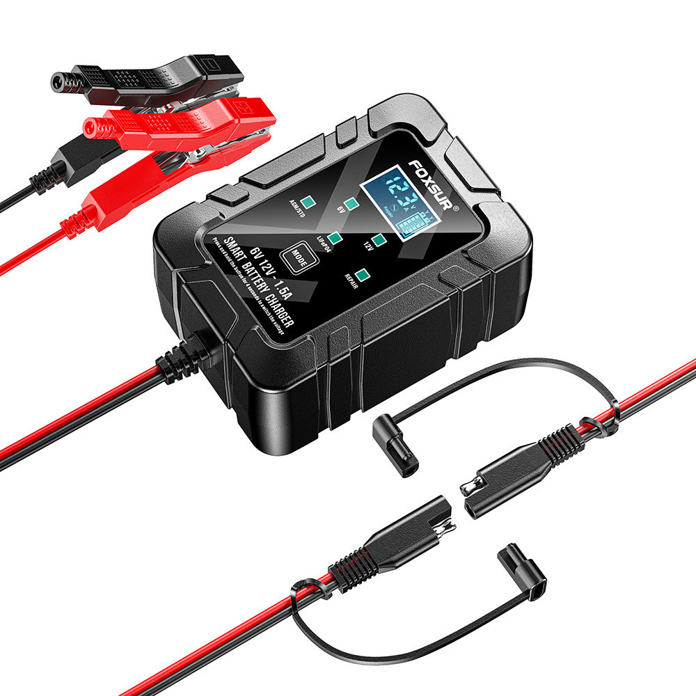 FOXSUR 1.5A 6V/12V Battery Charger Maintainer for Car Motorcycle AGM