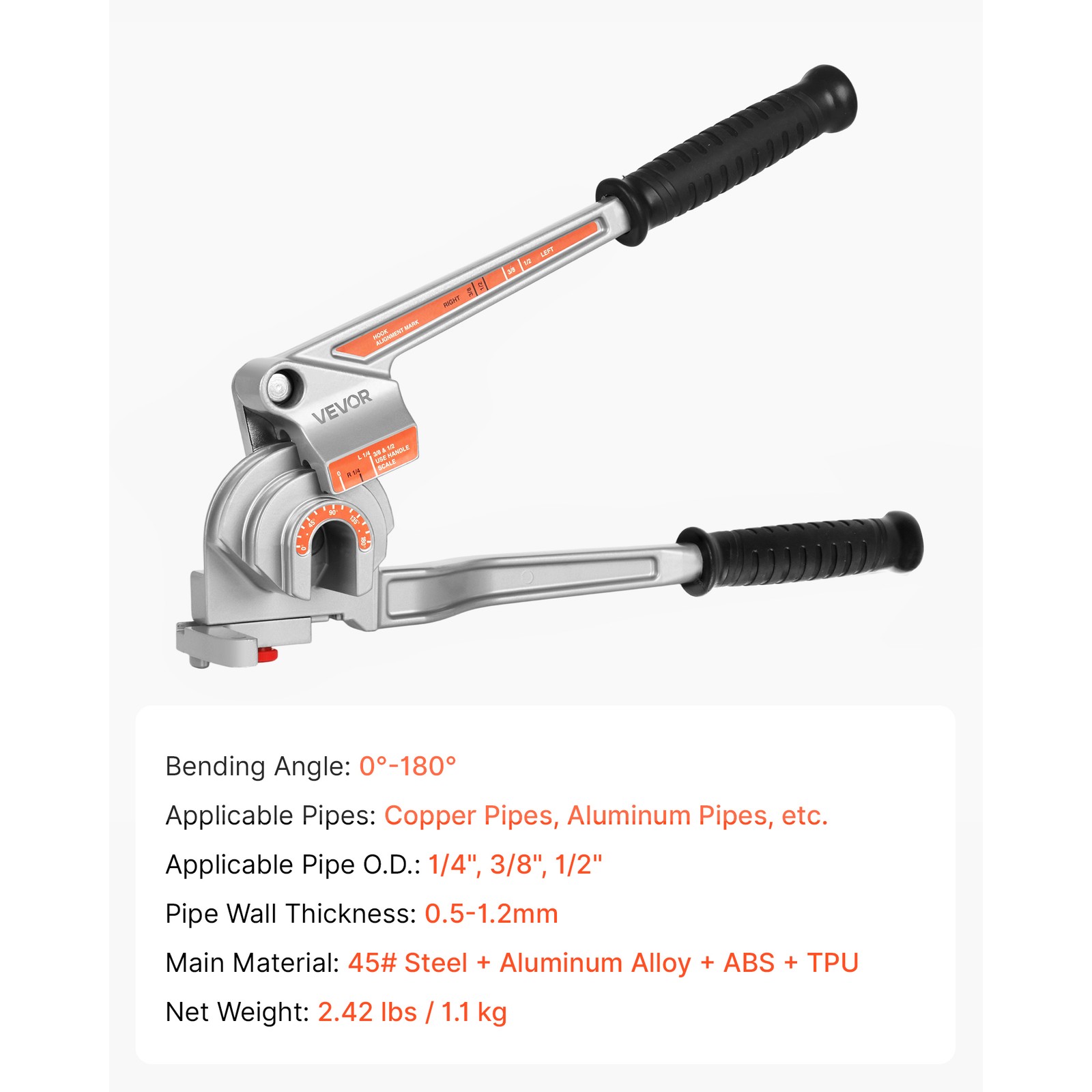 VEVOR 3 in 1 Lever Pipe Tube Bender for 1/4″, 3/8″, 1/2″ O.D. 0-180° Bending