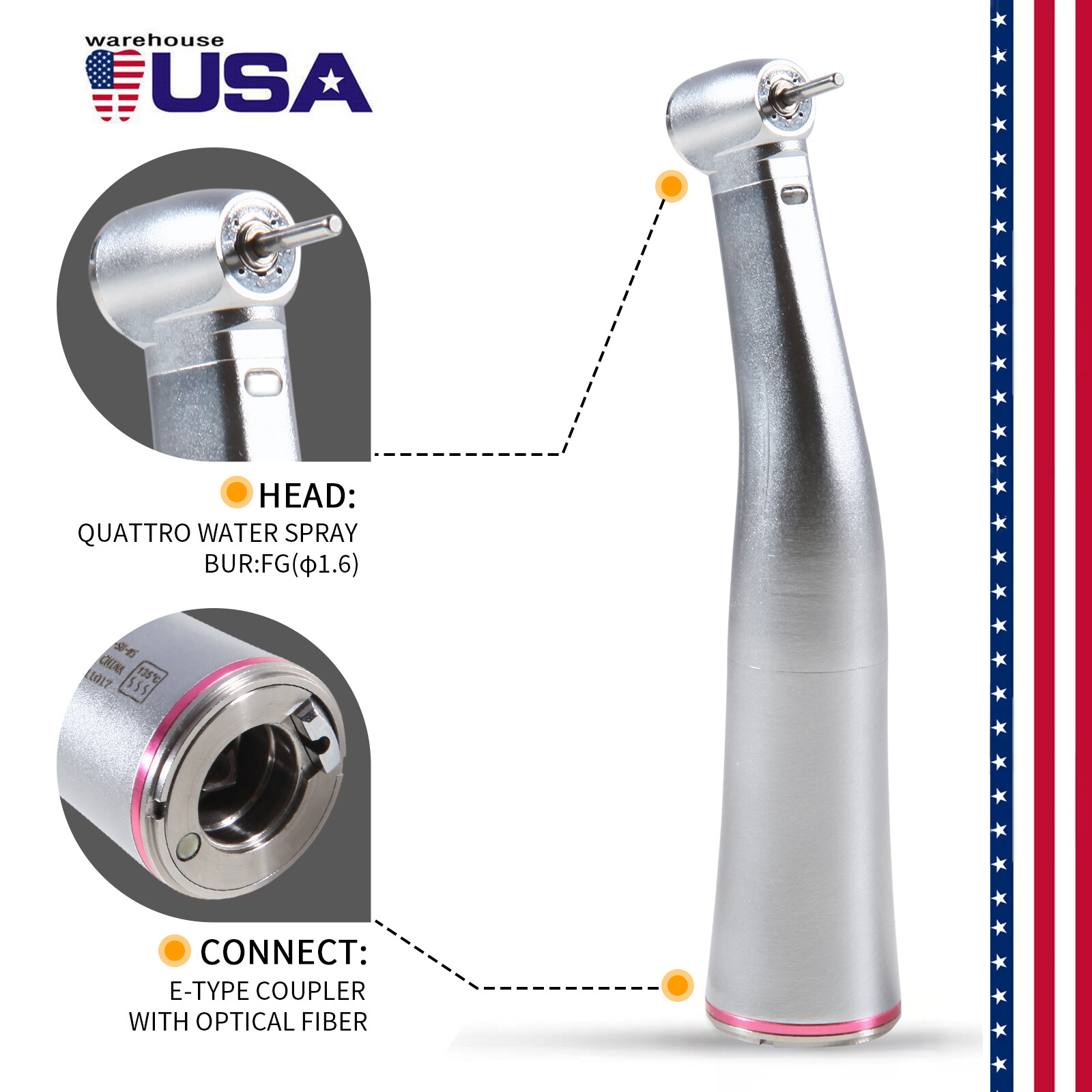 Dental 1:5 Increasing LED Contra Angle Handpiece Quattro Water Spray E-type ty