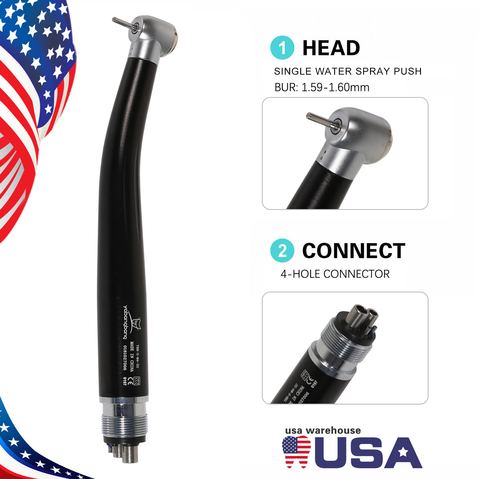 Dental High Speed Handpiece Push 4Holes Standard Head Turbine Black
