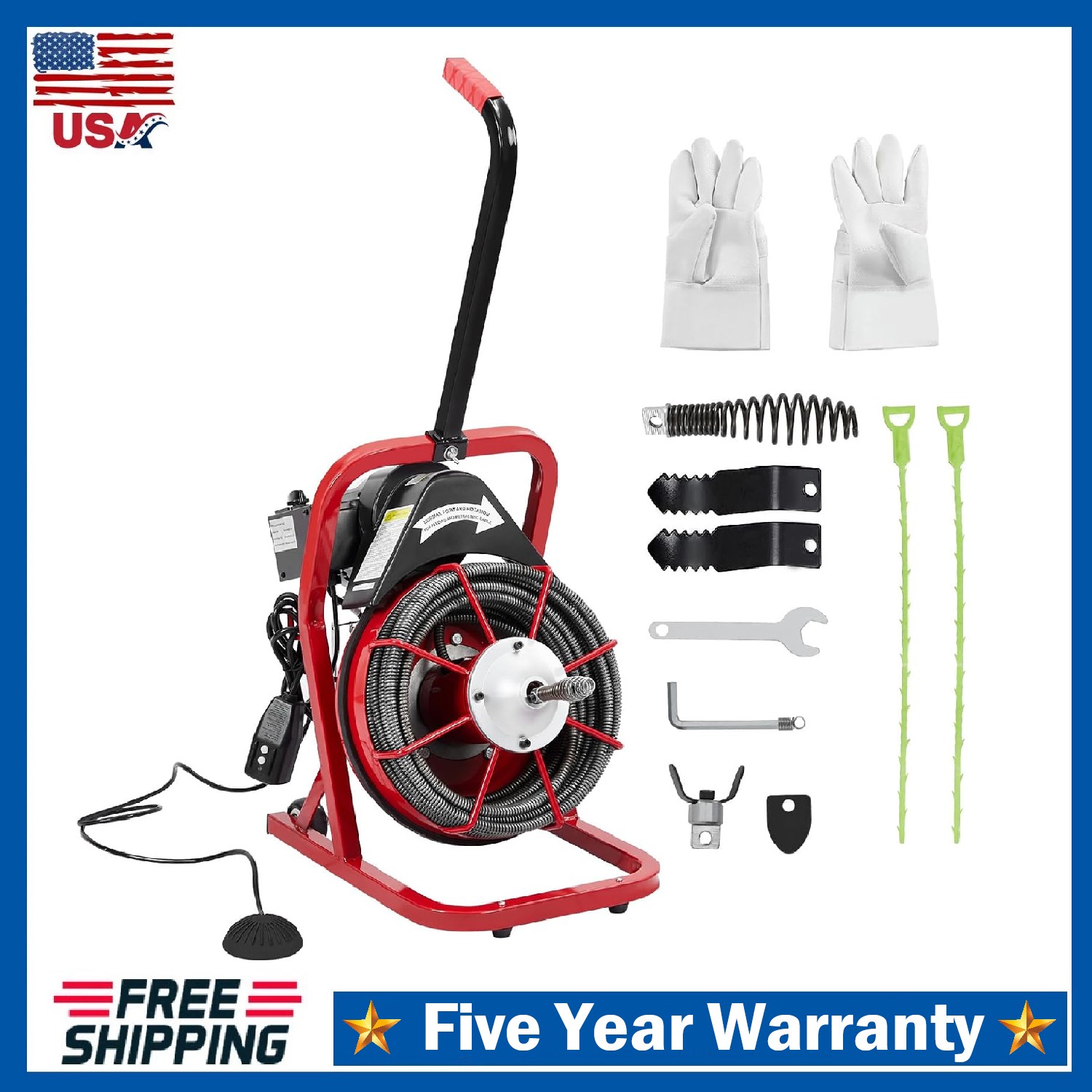 Drain Cleaner Machine Portable Electric Drain Auger Sewer Snake 75 Ft x 1/2 Inch