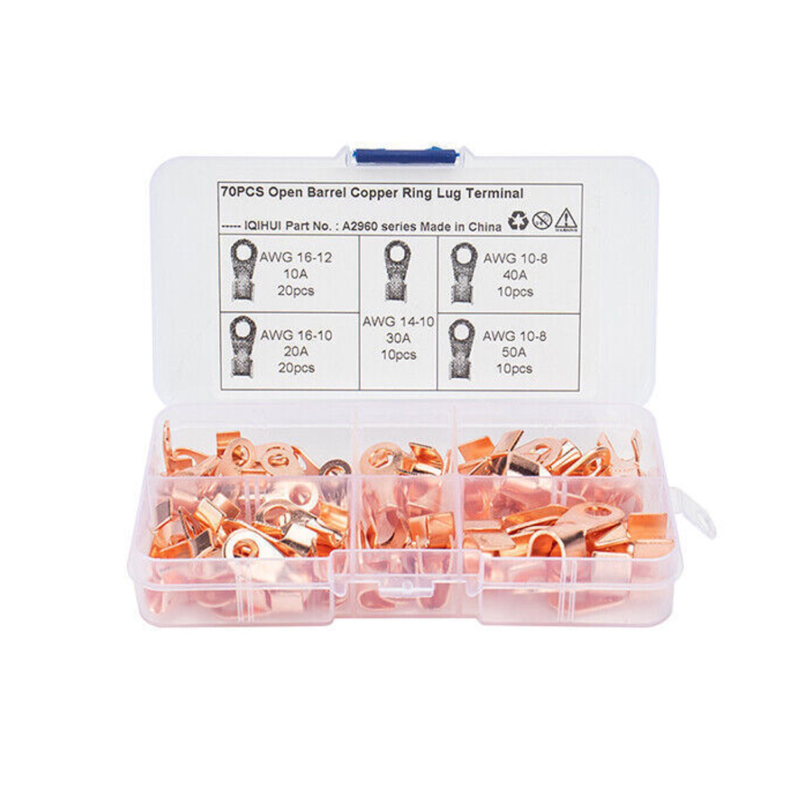70PCS 5Types Car Open Wire Connector Copper Ring Lug Terminal Kit w/Box